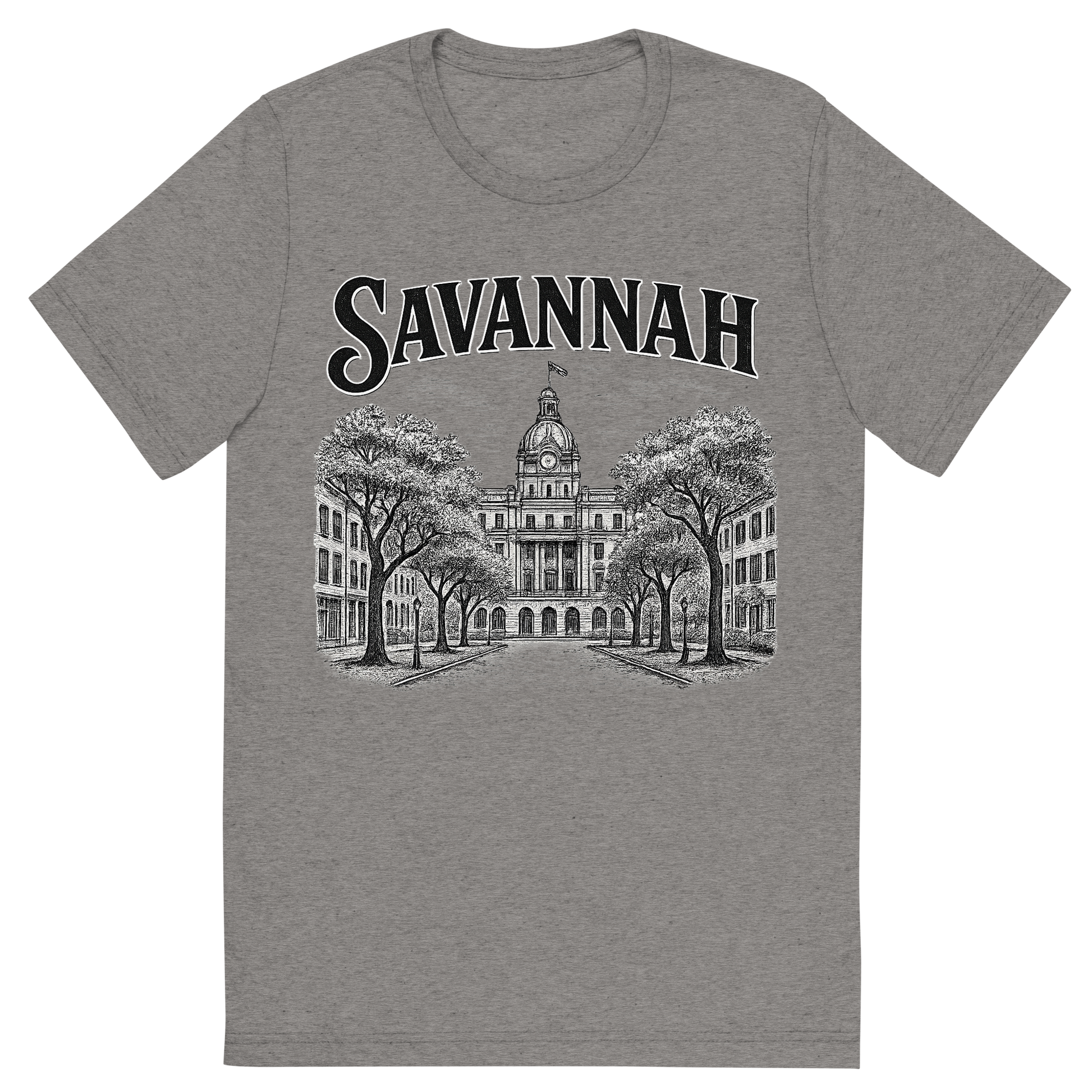Front view of a Premium Tri-Blend Crew Neck T-Shirt in Grey showing 'A typographic, nostalgic graphic of a typographic illustration of the words 'savannah' with a vintage line art drawing of the historic district'
