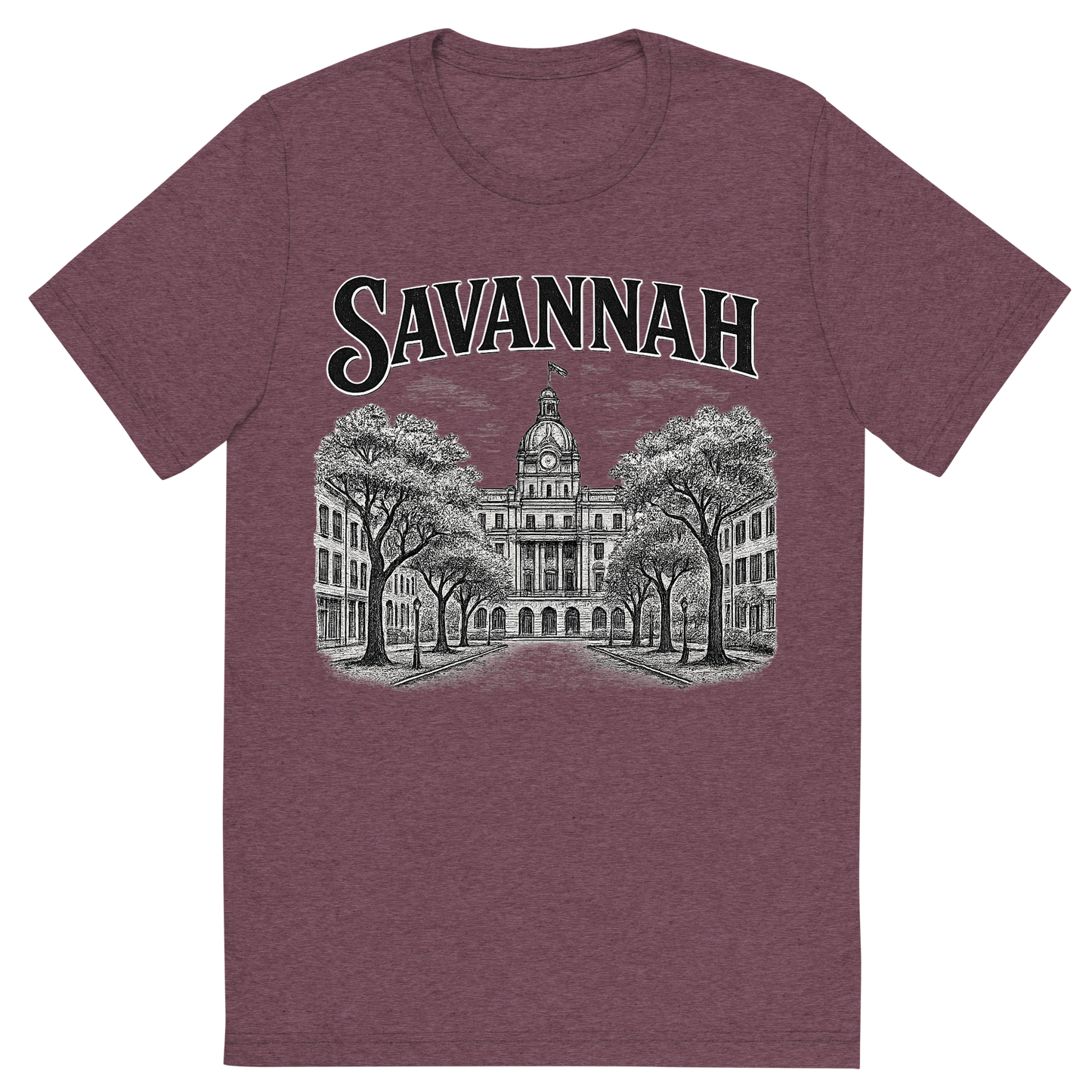Front view of a Premium Tri-Blend Crew Neck T-Shirt in Maroon showing 'A typographic, nostalgic graphic of a typographic illustration of the words 'savannah' with a vintage line art drawing of the historic district'