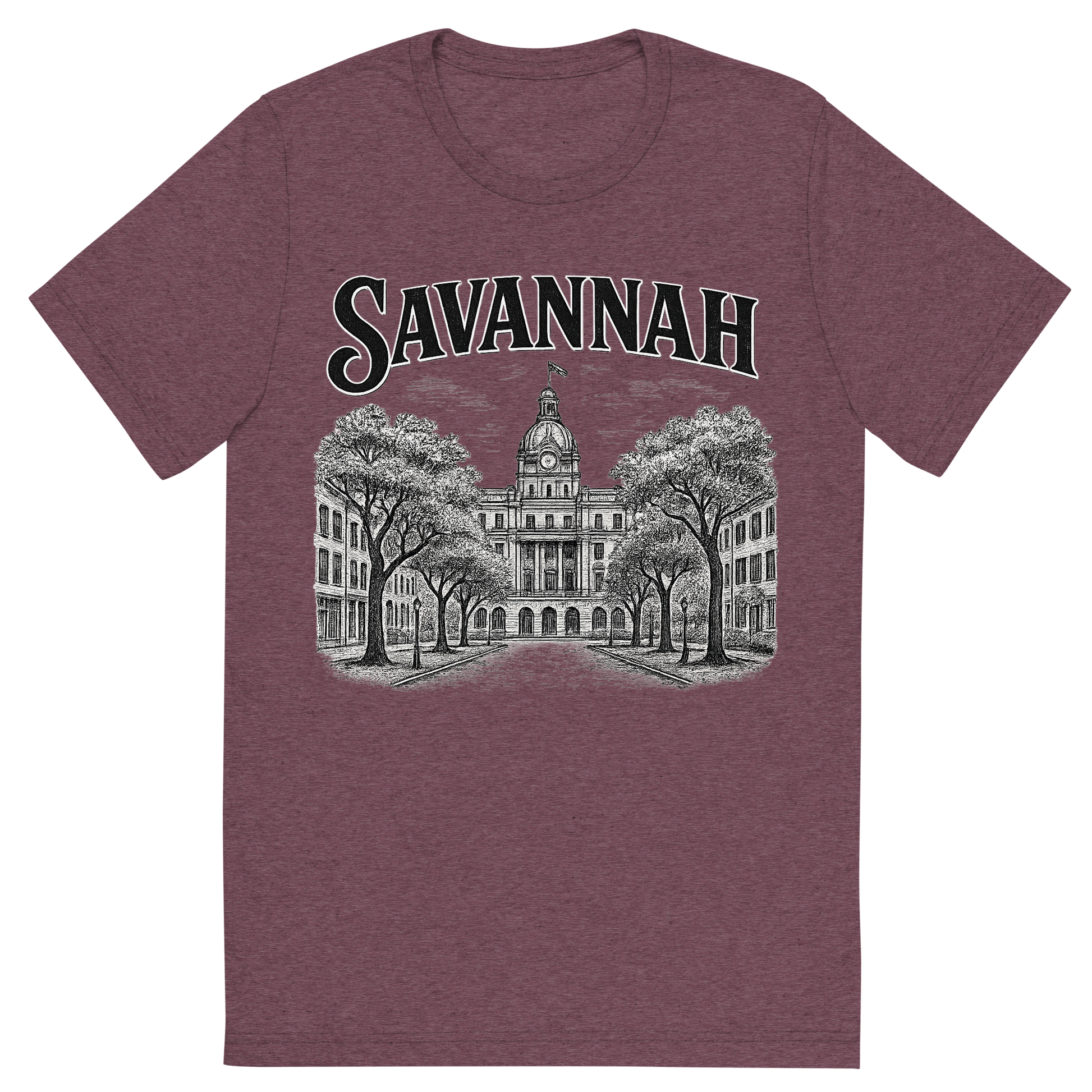 Front view of a Premium Tri-Blend Crew Neck T-Shirt in Maroon showing 'A typographic, nostalgic graphic of a typographic illustration of the words 'savannah' with a vintage line art drawing of the historic district'
