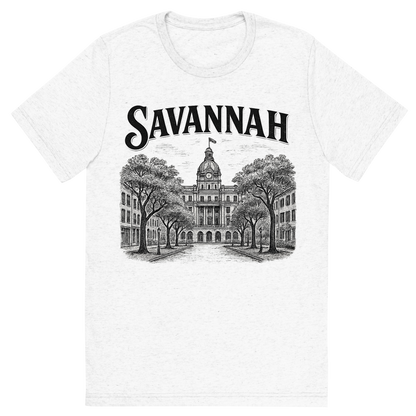 Front view of a Premium Tri-Blend Crew Neck T-Shirt in Solid White showing 'A typographic, nostalgic graphic of a typographic illustration of the words 'savannah' with a vintage line art drawing of the historic district'