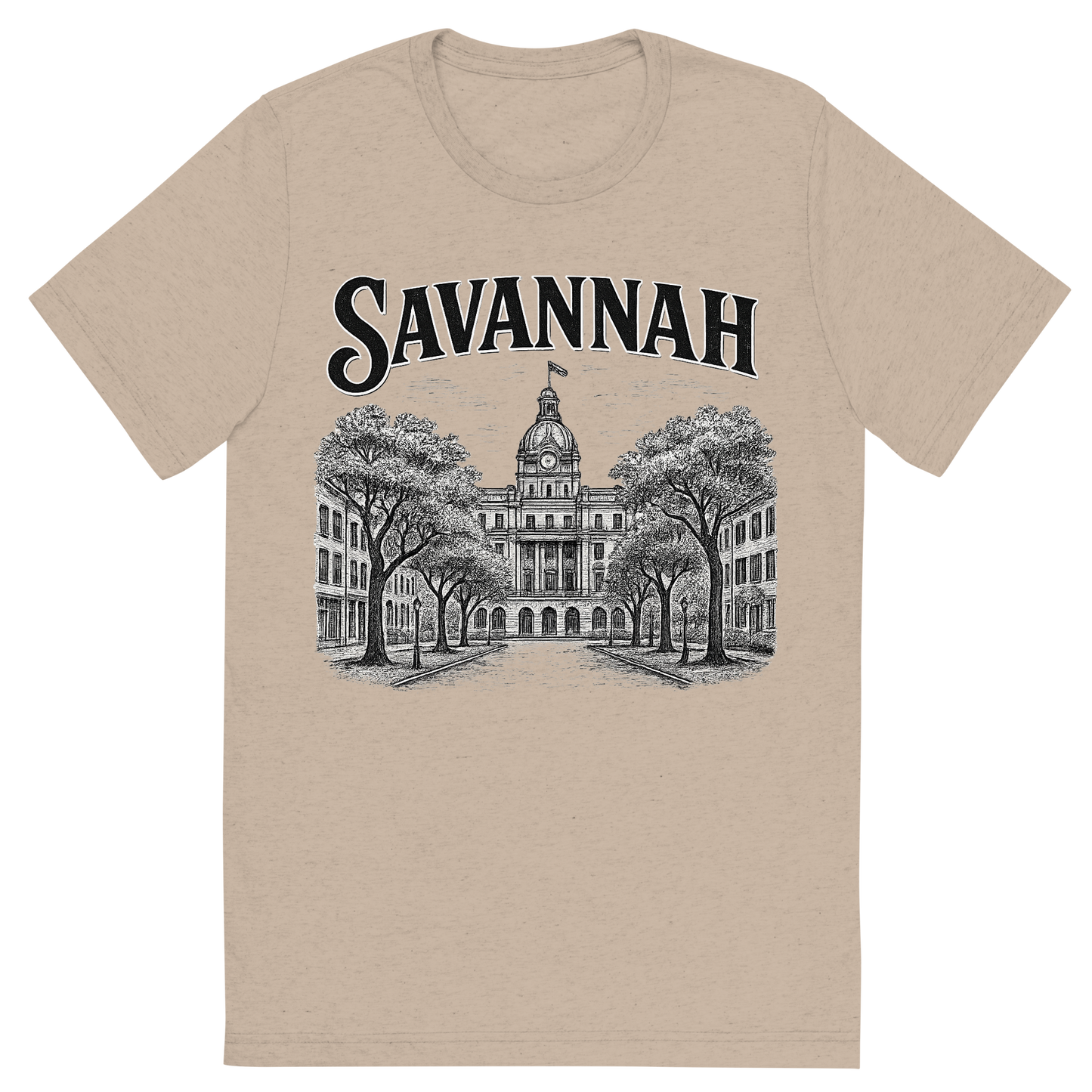 Front view of a Premium Tri-Blend Crew Neck T-Shirt in Tan showing 'A typographic, nostalgic graphic of a typographic illustration of the words 'savannah' with a vintage line art drawing of the historic district'