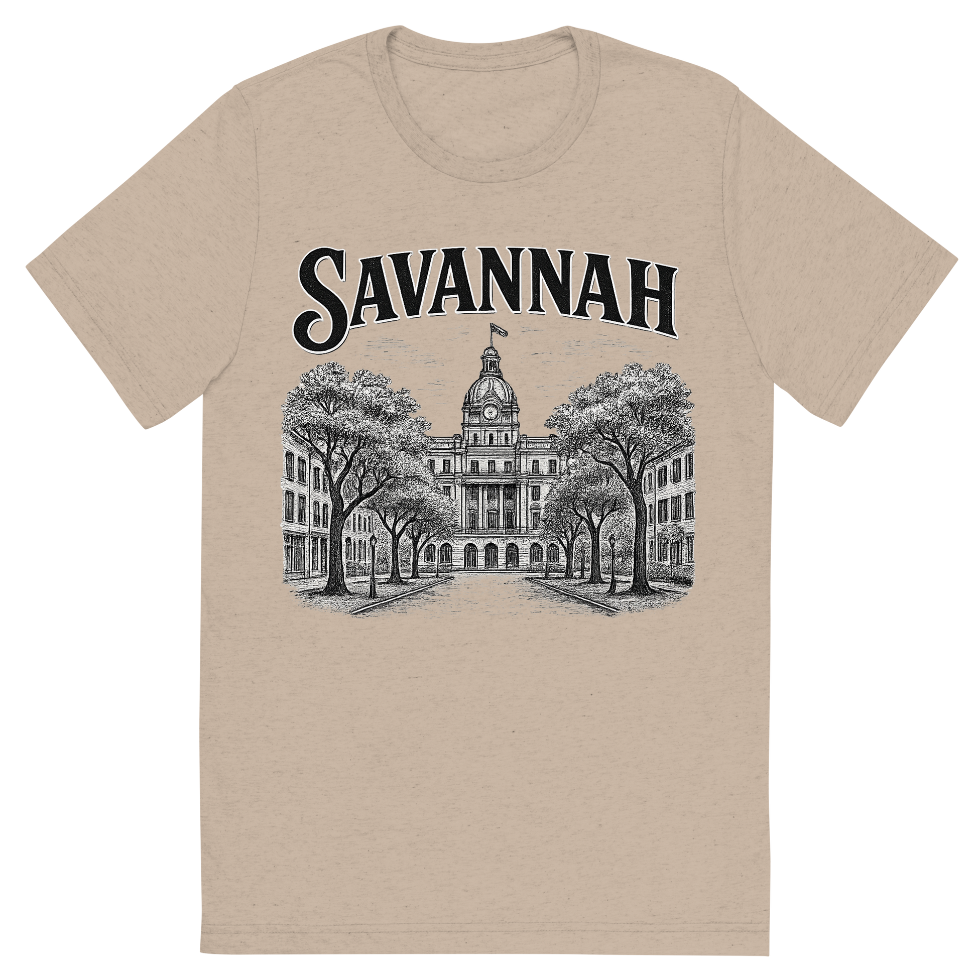 Front view of a Premium Tri-Blend Crew Neck T-Shirt in Tan showing 'A typographic, nostalgic graphic of a typographic illustration of the words 'savannah' with a vintage line art drawing of the historic district'