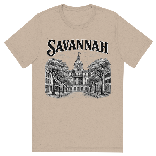 Front view of a Premium Tri-Blend Crew Neck T-Shirt in Tan showing 'A typographic, nostalgic graphic of a typographic illustration of the words 'savannah' with a vintage line art drawing of the historic district'