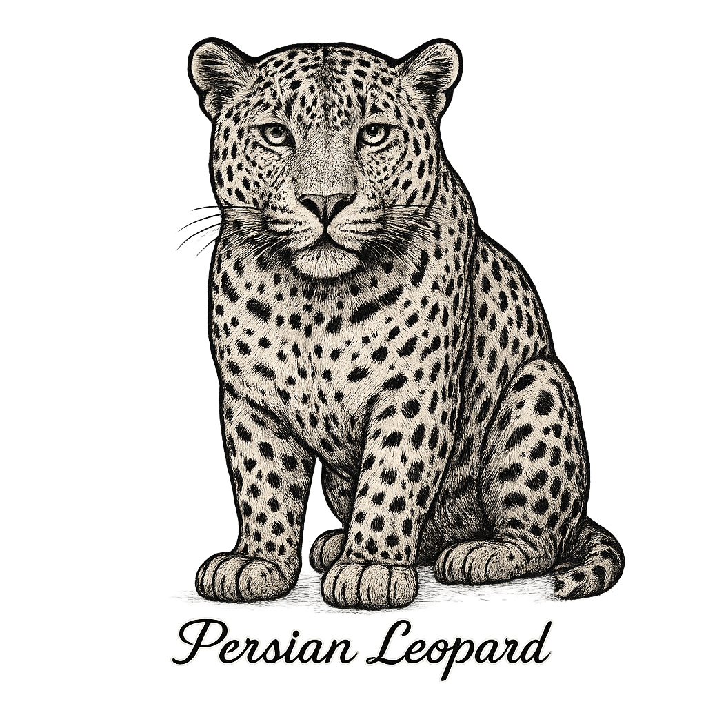 A flat, neutral graphic of a fine illustration of a persian leopard with wide head and dense spots. “persian leopard” appears below in graceful cursive. detailed ink illustration on a white background. - a t-shirt design