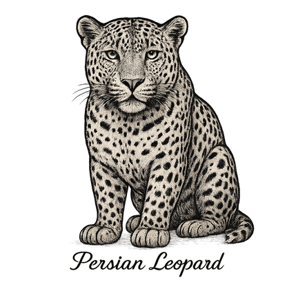 A flat, neutral graphic of a fine illustration of a persian leopard with wide head and dense spots. “persian leopard” appears below in graceful cursive. detailed ink illustration on a white background. - a t-shirt design