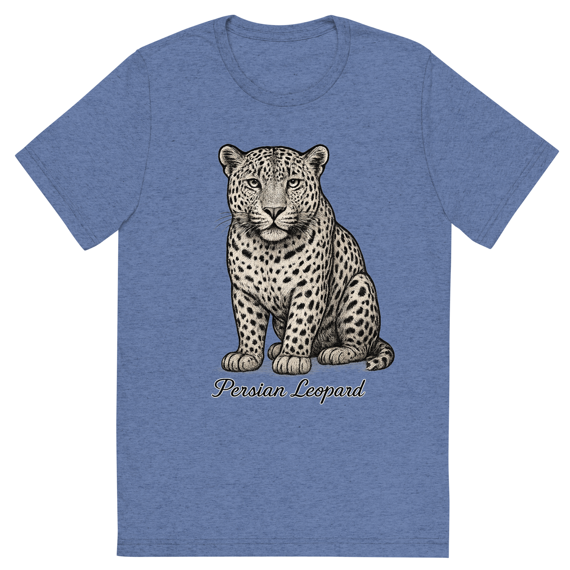 Front view of a Premium Tri-Blend Crew Neck T-Shirt in Blue showing 'A flat, neutral graphic of a fine illustration of a persian leopard with wide head and dense spots. “persian leopard” appears below in graceful cursive. detailed ink illustration on a white background.'