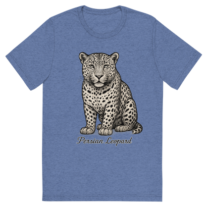 Front view of a Premium Tri-Blend Crew Neck T-Shirt in Blue showing 'A flat, neutral graphic of a fine illustration of a persian leopard with wide head and dense spots. “persian leopard” appears below in graceful cursive. detailed ink illustration on a white background.'