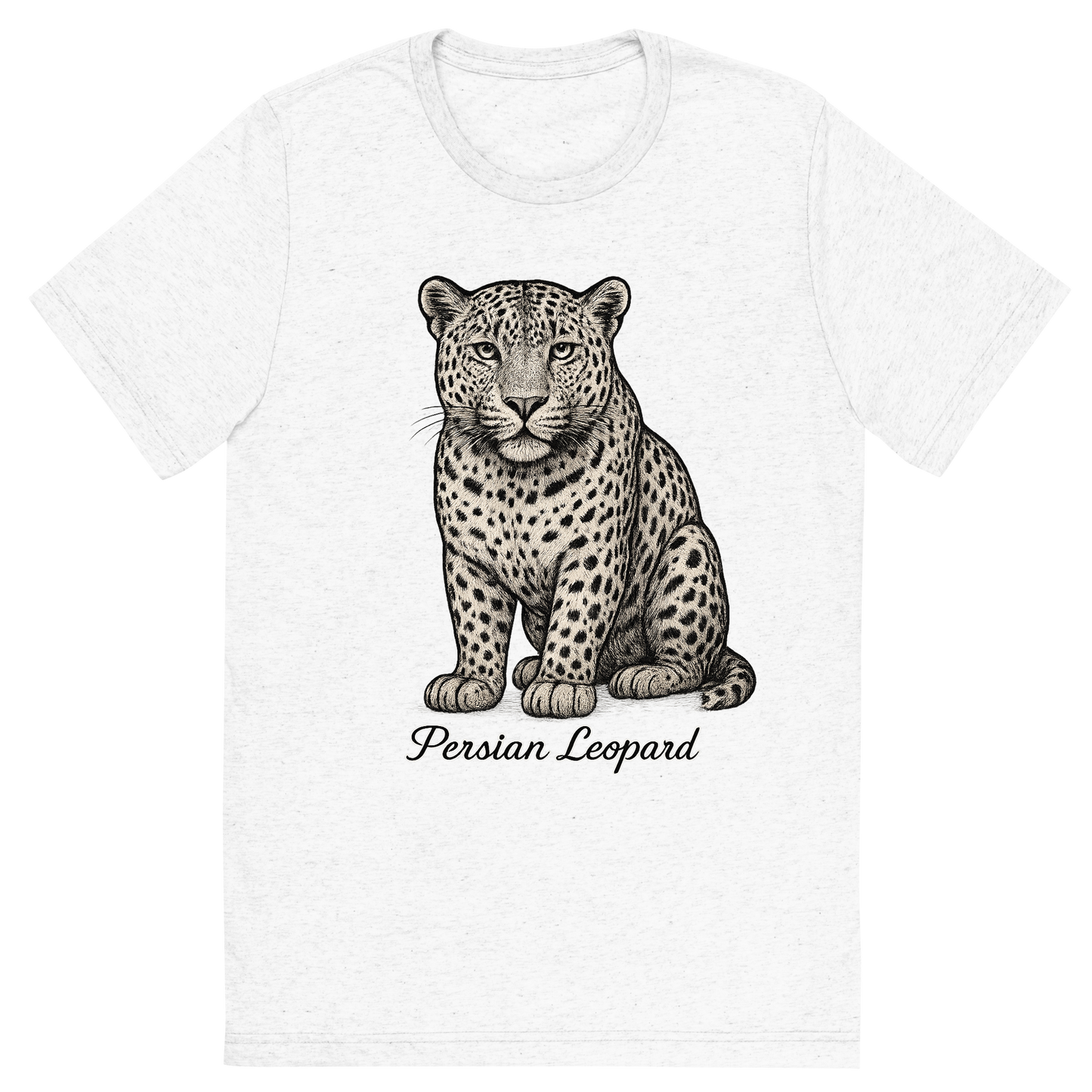 Front view of a Premium Tri-Blend Crew Neck T-Shirt in Solid White showing 'A flat, neutral graphic of a fine illustration of a persian leopard with wide head and dense spots. “persian leopard” appears below in graceful cursive. detailed ink illustration on a white background.'