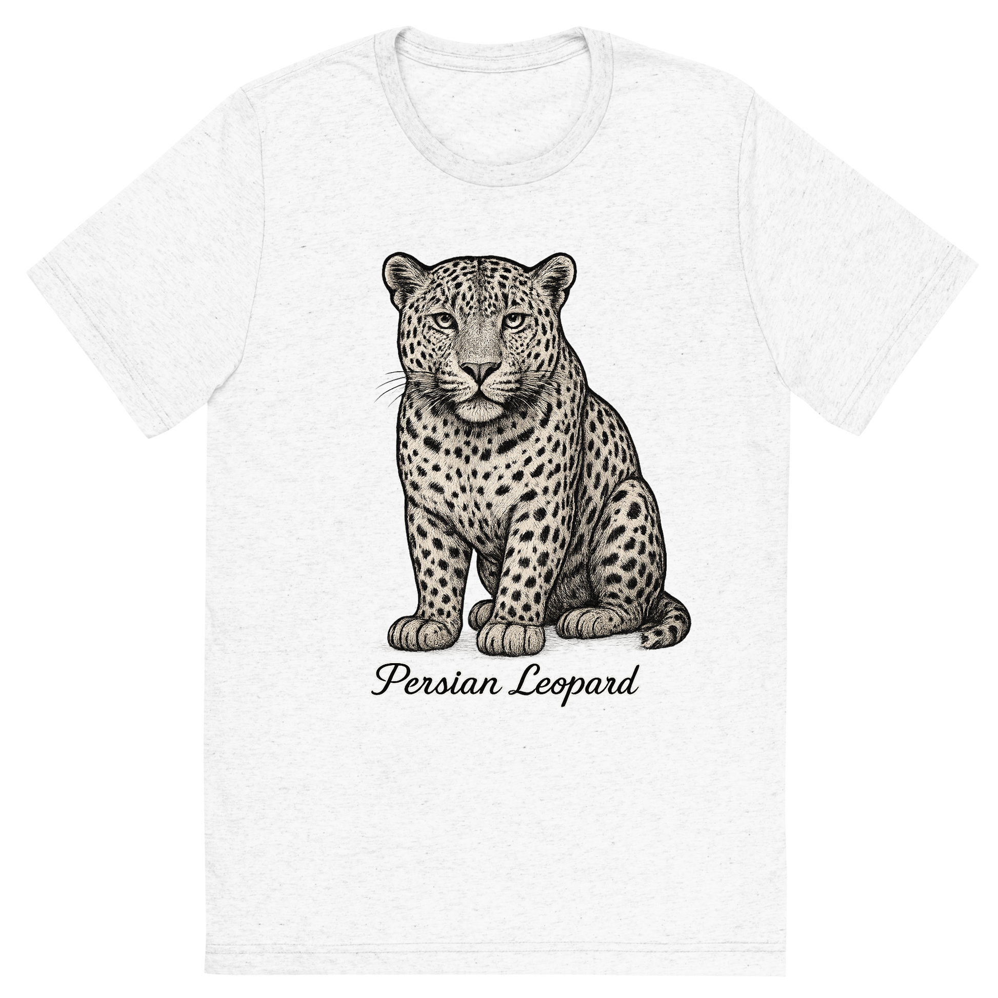 Front view of a Premium Tri-Blend Crew Neck T-Shirt in Solid White showing 'A flat, neutral graphic of a fine illustration of a persian leopard with wide head and dense spots. “persian leopard” appears below in graceful cursive. detailed ink illustration on a white background.'