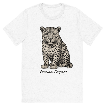 Front view of a Premium Tri-Blend Crew Neck T-Shirt in Solid White showing 'A flat, neutral graphic of a fine illustration of a persian leopard with wide head and dense spots. “persian leopard” appears below in graceful cursive. detailed ink illustration on a white background.'