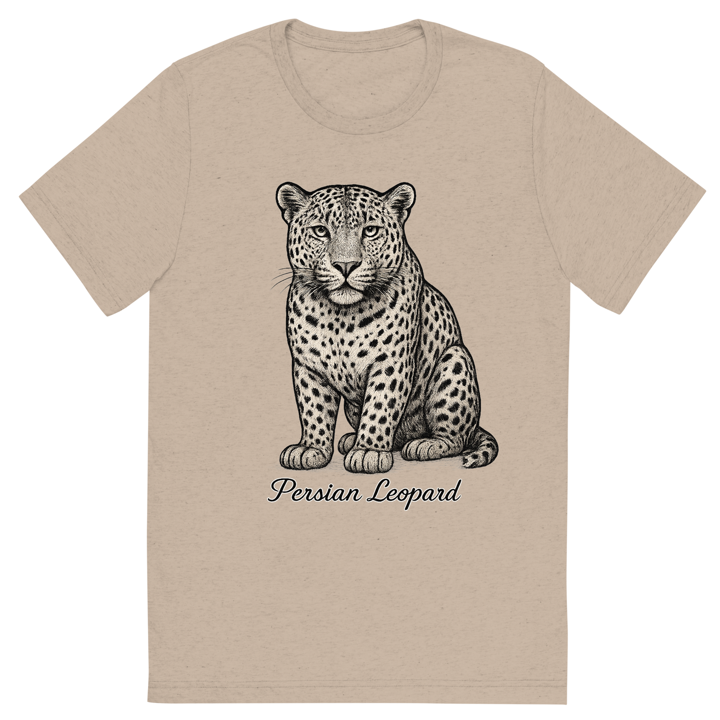 Front view of a Premium Tri-Blend Crew Neck T-Shirt in Tan showing 'A flat, neutral graphic of a fine illustration of a persian leopard with wide head and dense spots. “persian leopard” appears below in graceful cursive. detailed ink illustration on a white background.'