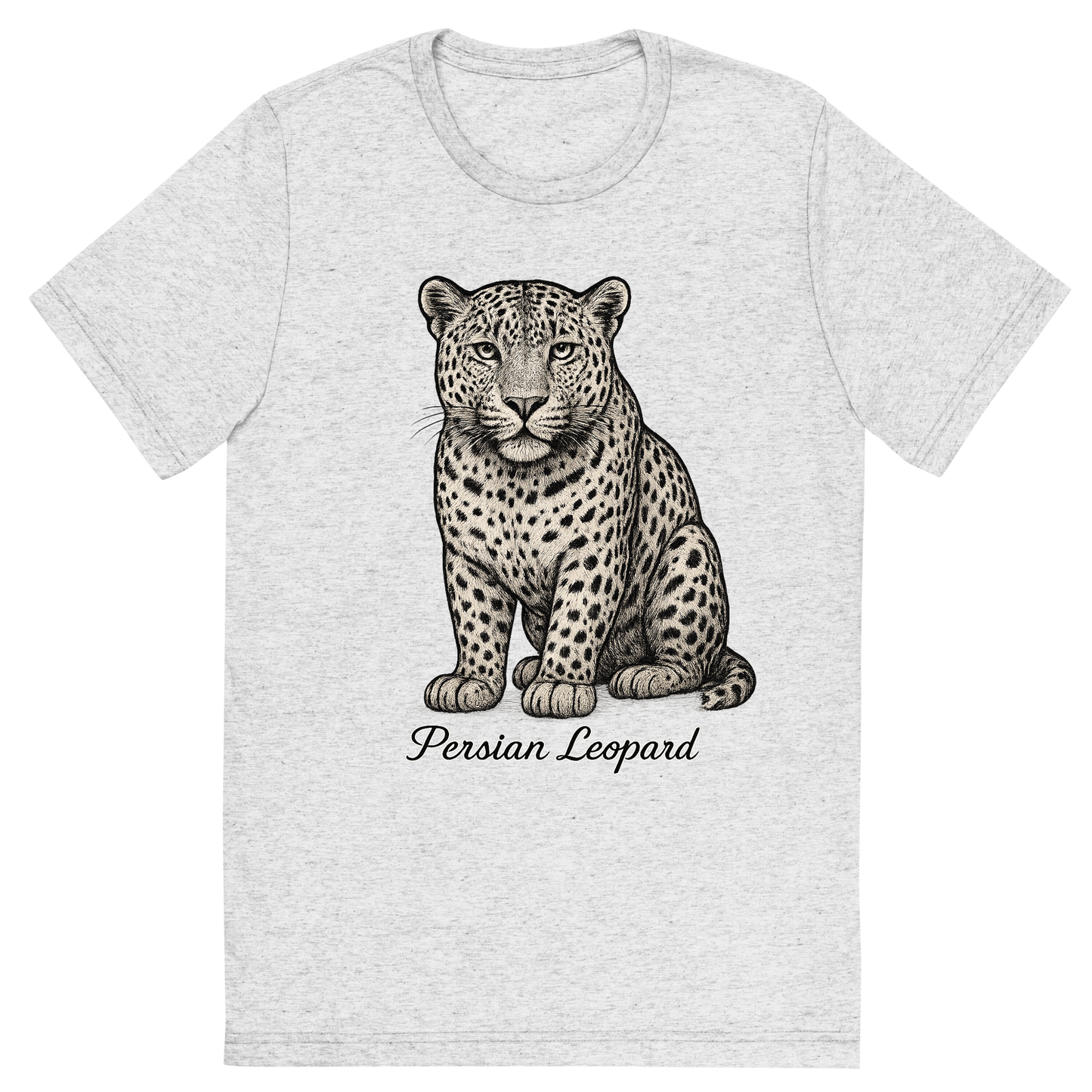 Front view of a Premium Tri-Blend Crew Neck T-Shirt in White Fleck showing 'A flat, neutral graphic of a fine illustration of a persian leopard with wide head and dense spots. “persian leopard” appears below in graceful cursive. detailed ink illustration on a white background.'