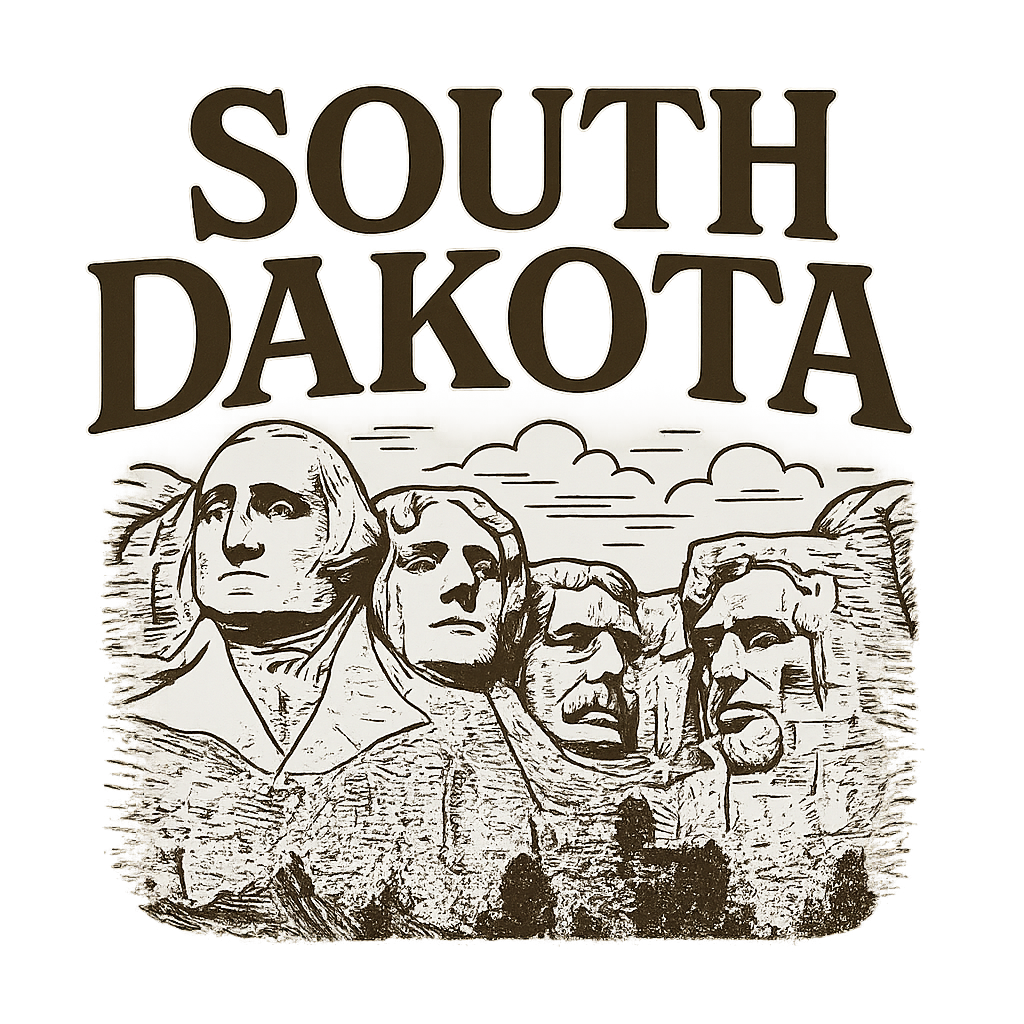 A typographic, nostalgic graphic of a typographic illustration of the words 'south dakota' with a vintage line art drawing of the presidential sculptures – a t-shirt design