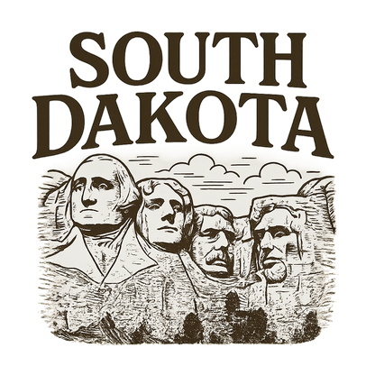 A typographic, nostalgic graphic of a typographic illustration of the words 'south dakota' with a vintage line art drawing of the presidential sculptures – a t-shirt design