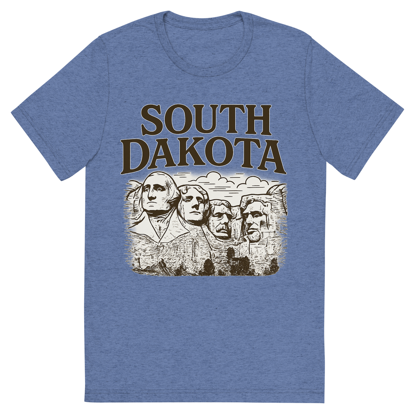 Front view of a Premium Tri-Blend Crew Neck T-Shirt in Blue showing 'A typographic, nostalgic graphic of a typographic illustration of the words 'south dakota' with a vintage line art drawing of the presidential sculptures'