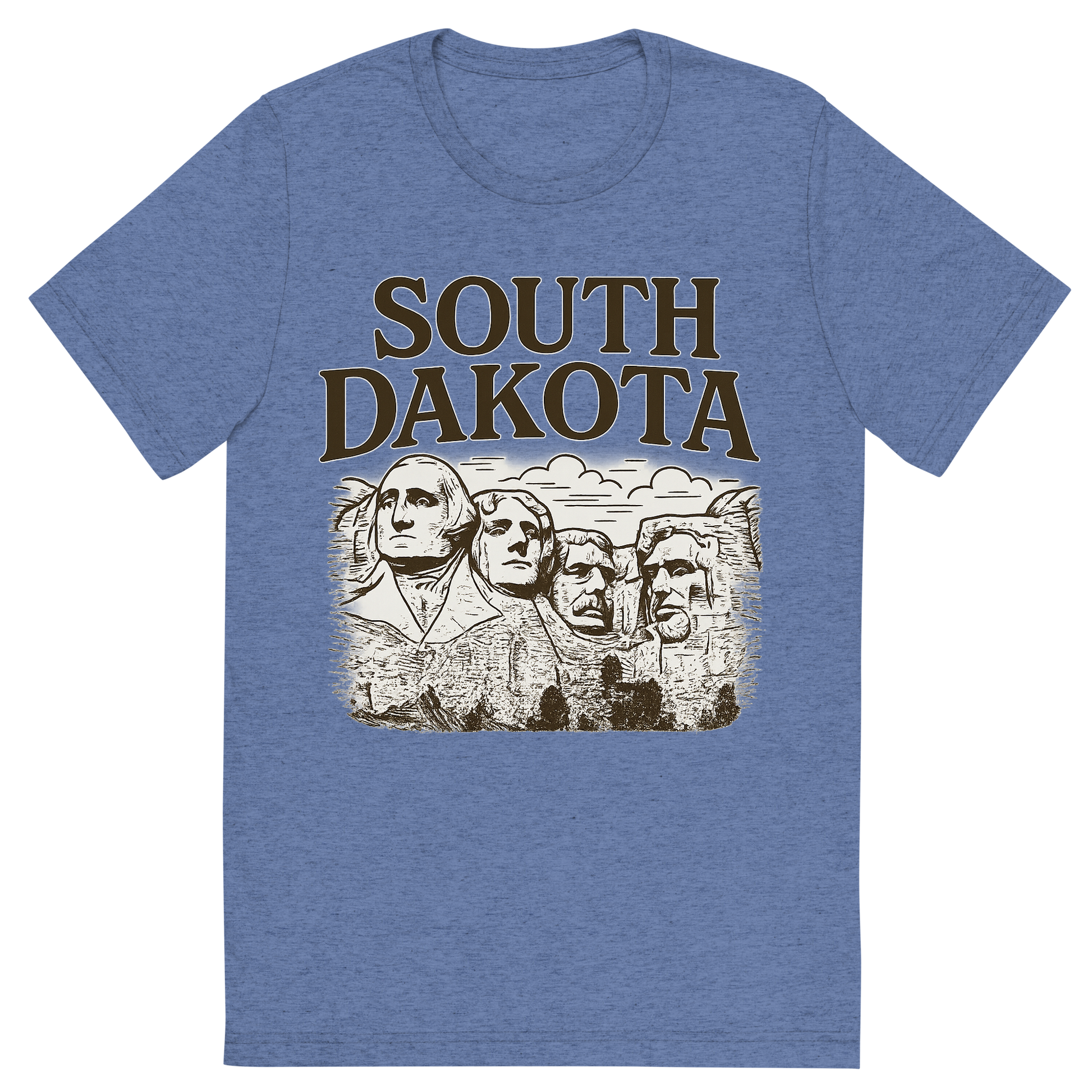 Front view of a Premium Tri-Blend Crew Neck T-Shirt in Blue showing 'A typographic, nostalgic graphic of a typographic illustration of the words 'south dakota' with a vintage line art drawing of the presidential sculptures'