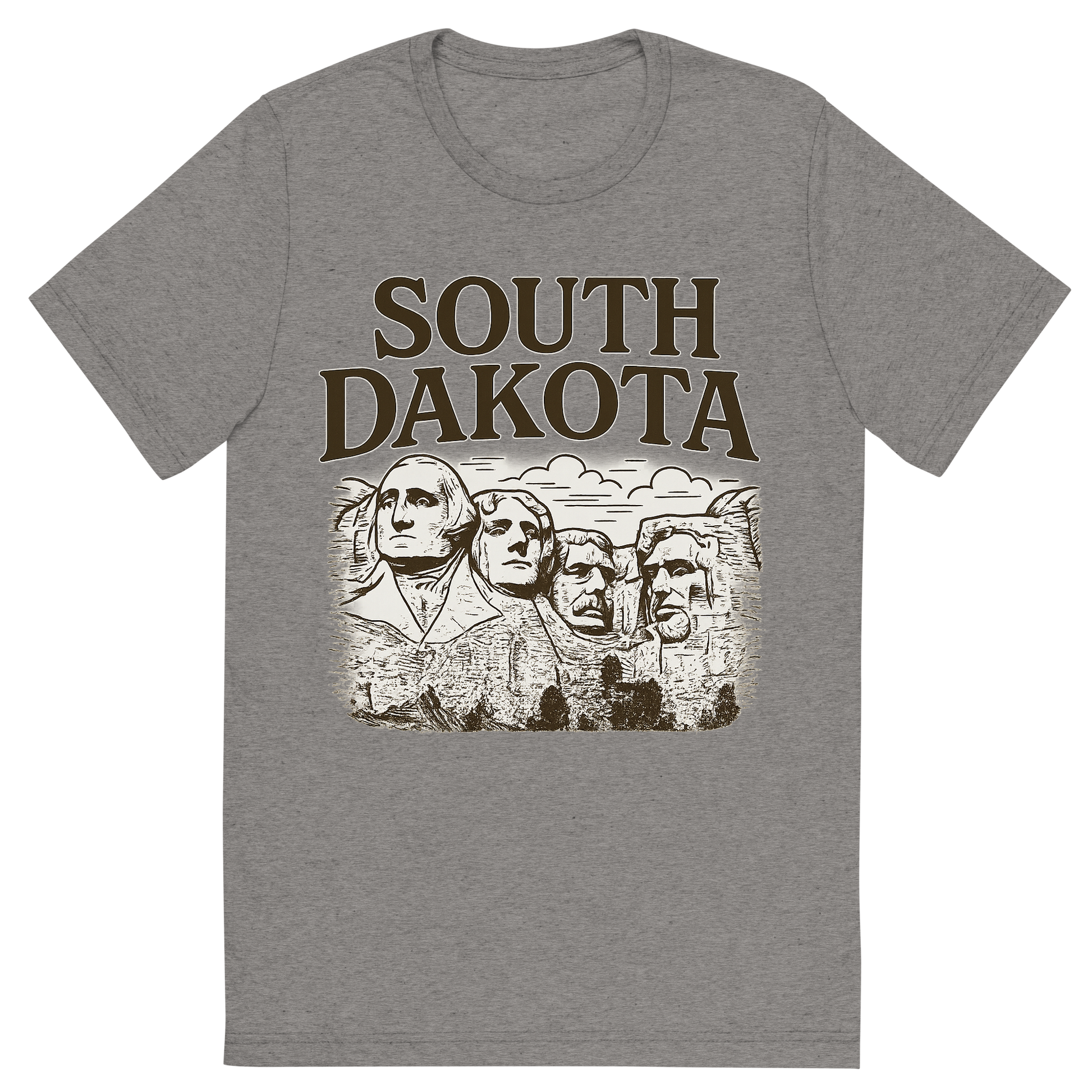 Front view of a Premium Tri-Blend Crew Neck T-Shirt in Grey showing 'A typographic, nostalgic graphic of a typographic illustration of the words 'south dakota' with a vintage line art drawing of the presidential sculptures'