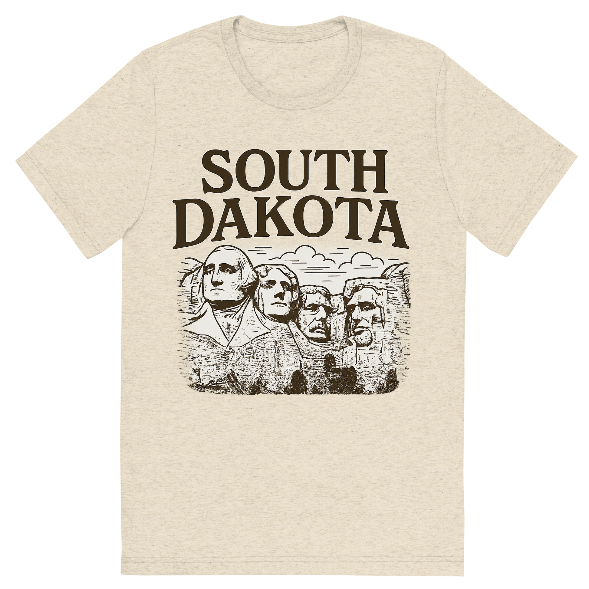 Front view of a Premium Tri-Blend Crew Neck T-Shirt in Oatmeal showing 'A typographic, nostalgic graphic of a typographic illustration of the words 'south dakota' with a vintage line art drawing of the presidential sculptures'