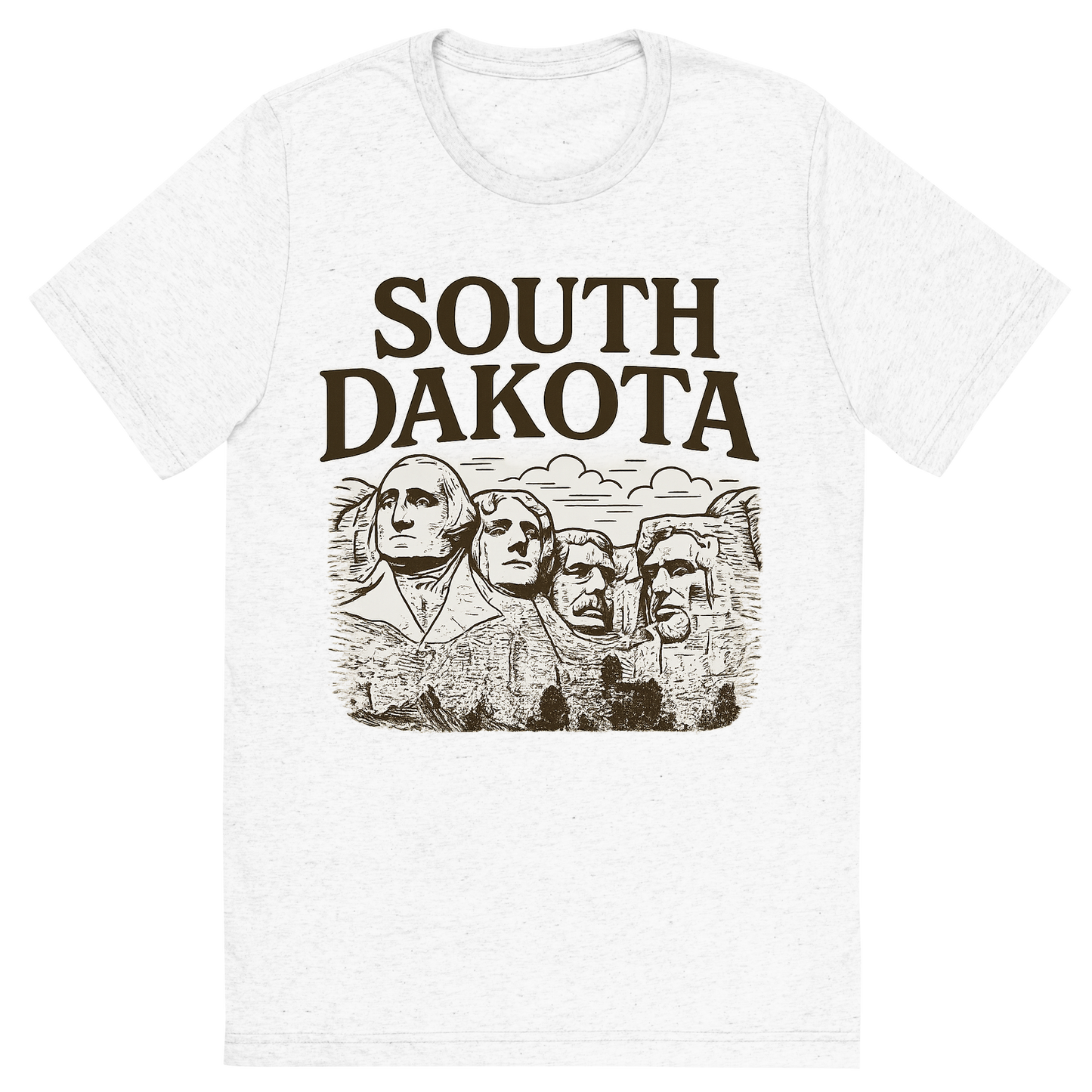 Front view of a Premium Tri-Blend Crew Neck T-Shirt in Solid White showing 'A typographic, nostalgic graphic of a typographic illustration of the words 'south dakota' with a vintage line art drawing of the presidential sculptures'