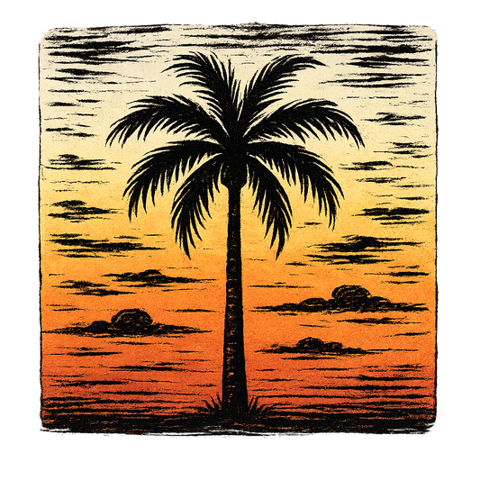 A hand-drawn ink with pops of color, serene graphic of a single palm tree in silhouette against a stylized sunset sky, hand-drawn ink with warm color pops, centered composition, transparent background, optimized for dtg printing - a t-shirt design