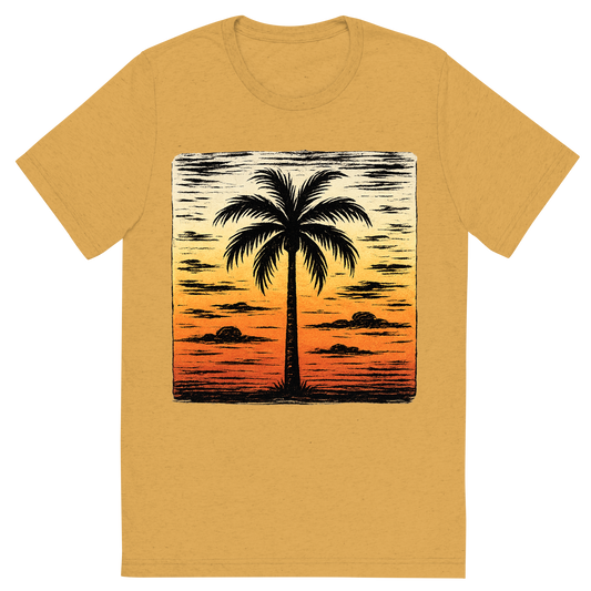 Front view of a Premium Tri-Blend Crew Neck T-Shirt in Mustard showing 'A hand-drawn ink with pops of color, serene graphic of a single palm tree in silhouette against a stylized sunset sky, hand-drawn ink with warm color pops, centered composition, transparent background, optimized for dtg printing'