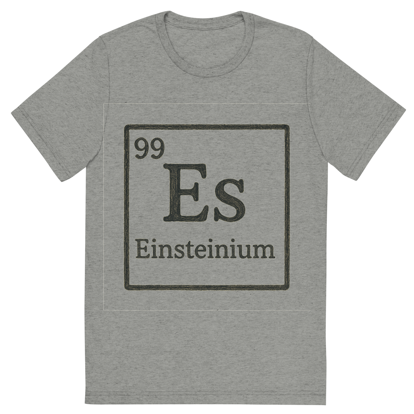 Front view of a Premium Tri-Blend Crew Neck T-Shirt in Athletic Grey showing 'A line art, nostalgic graphic of einsteinium's entry on the periodic table, use a dark color for the lines and text'