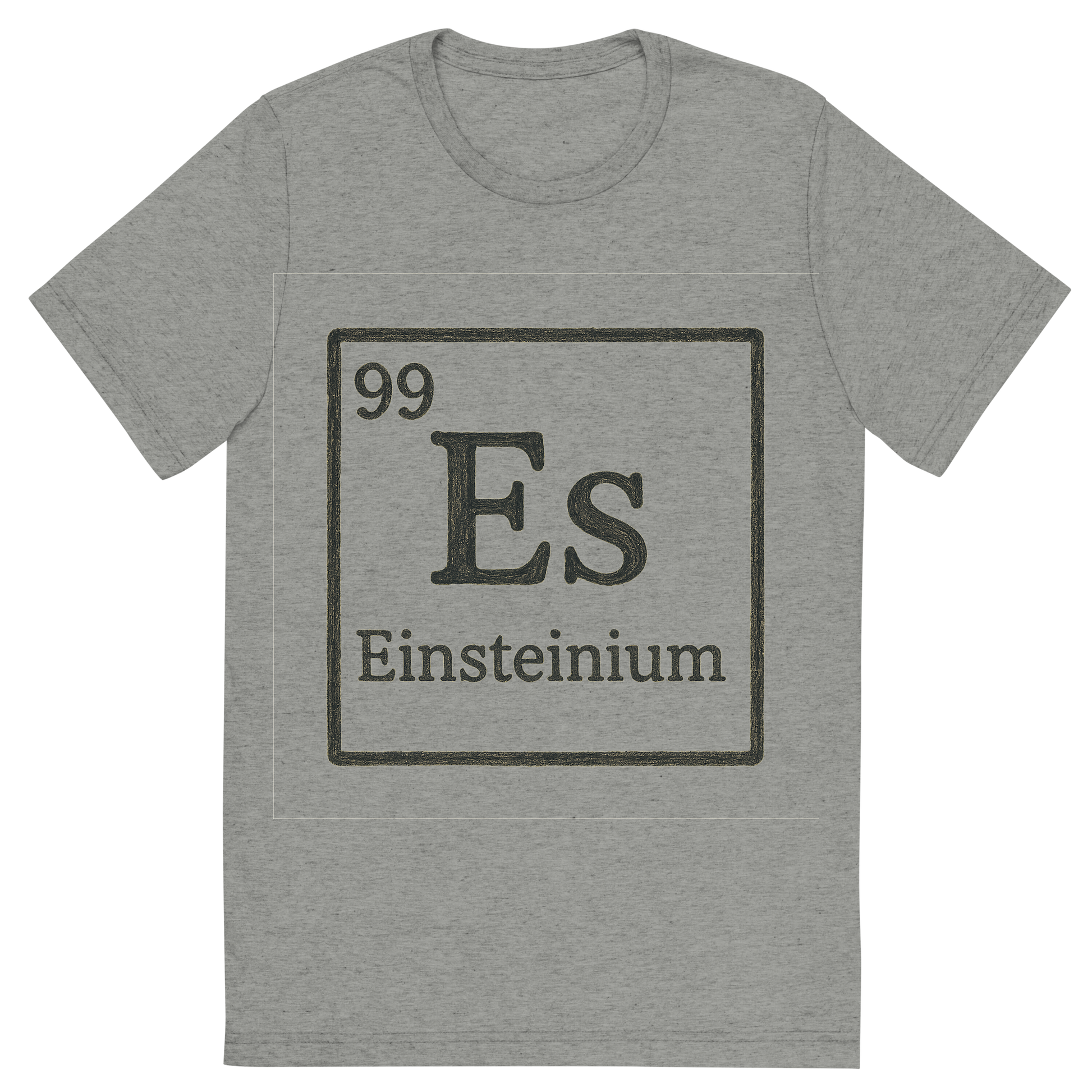 Front view of a Premium Tri-Blend Crew Neck T-Shirt in Athletic Grey showing 'A line art, nostalgic graphic of einsteinium's entry on the periodic table, use a dark color for the lines and text'