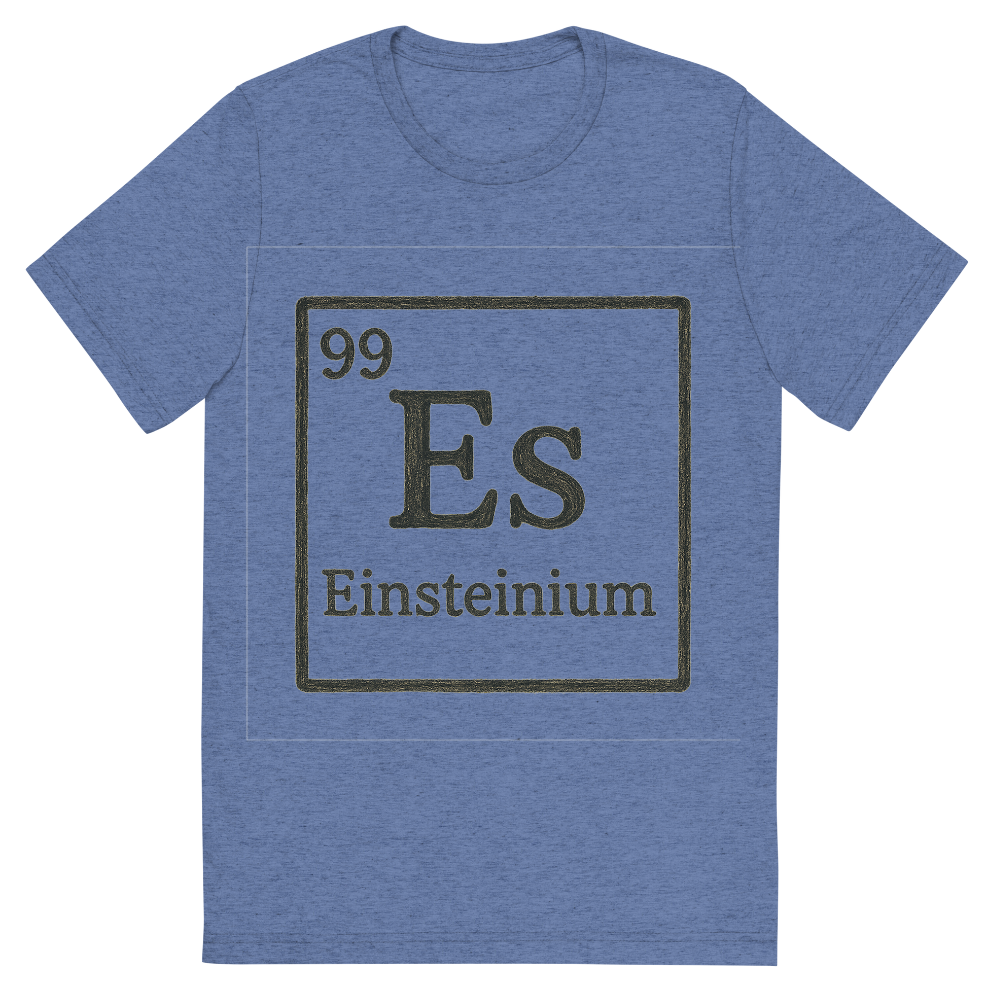 Front view of a Premium Tri-Blend Crew Neck T-Shirt in Blue showing 'A line art, nostalgic graphic of einsteinium's entry on the periodic table, use a dark color for the lines and text'