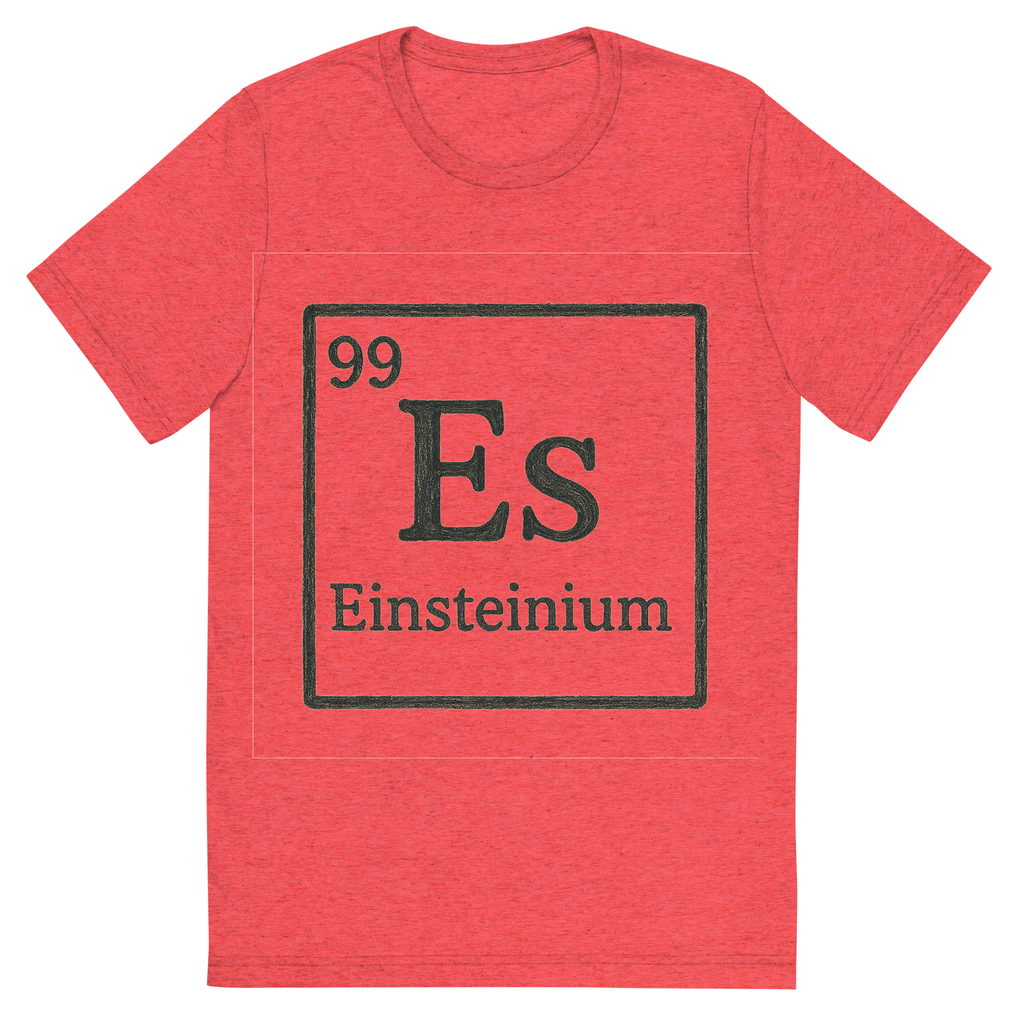 Front view of a Premium Tri-Blend Crew Neck T-Shirt in Red showing 'A line art, nostalgic graphic of einsteinium's entry on the periodic table, use a dark color for the lines and text'