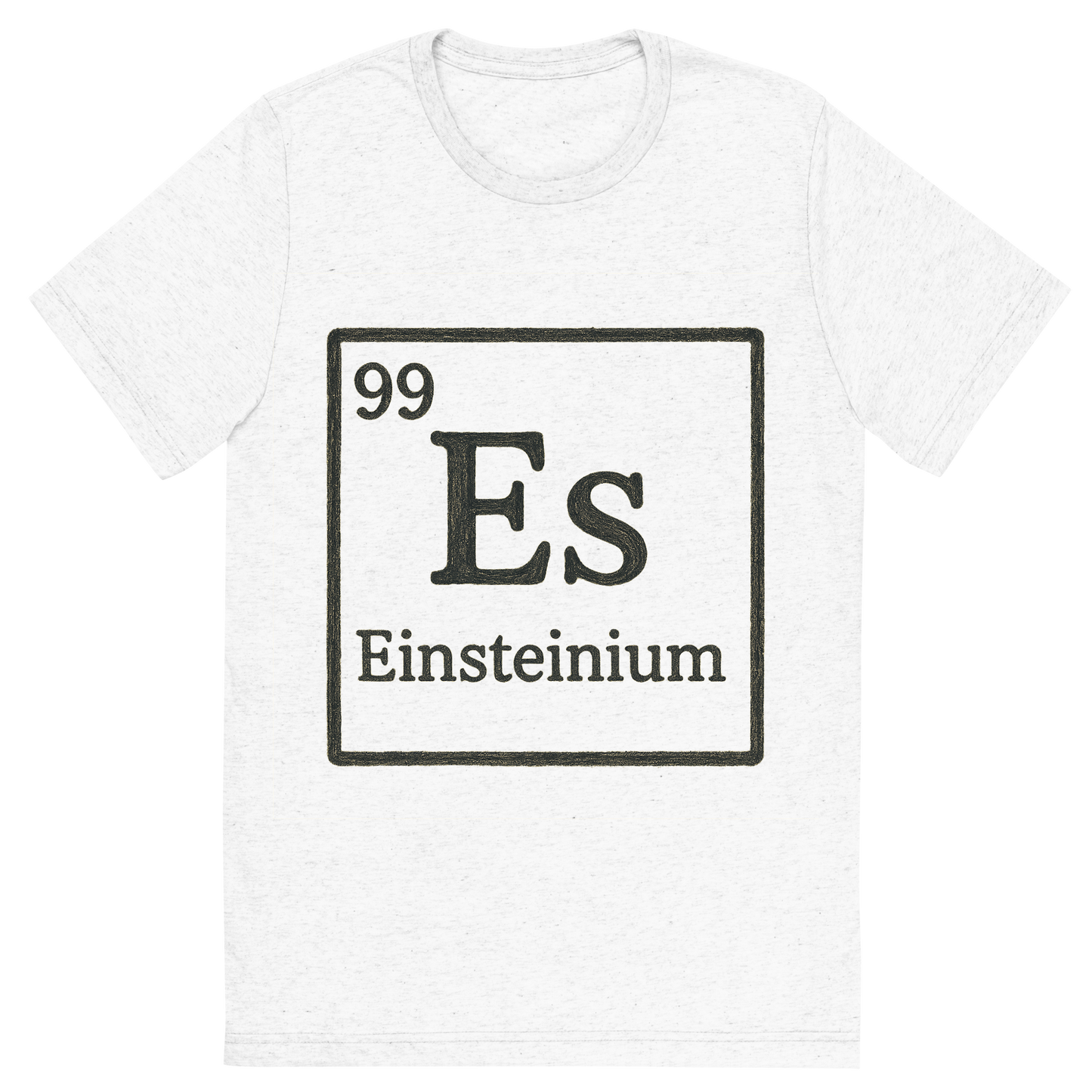 Front view of a Premium Tri-Blend Crew Neck T-Shirt in Solid White showing 'A line art, nostalgic graphic of einsteinium's entry on the periodic table, use a dark color for the lines and text'