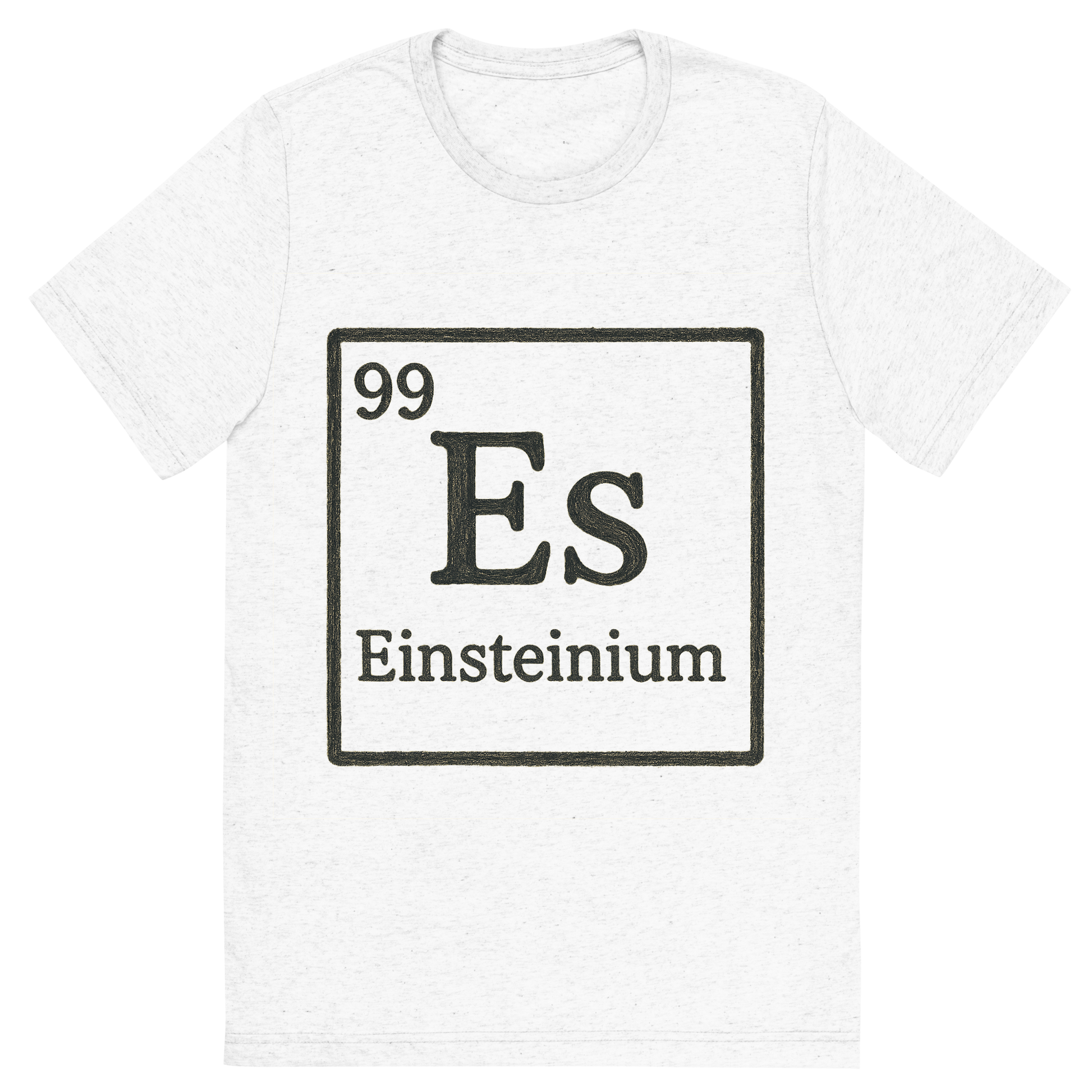 Front view of a Premium Tri-Blend Crew Neck T-Shirt in Solid White showing 'A line art, nostalgic graphic of einsteinium's entry on the periodic table, use a dark color for the lines and text'