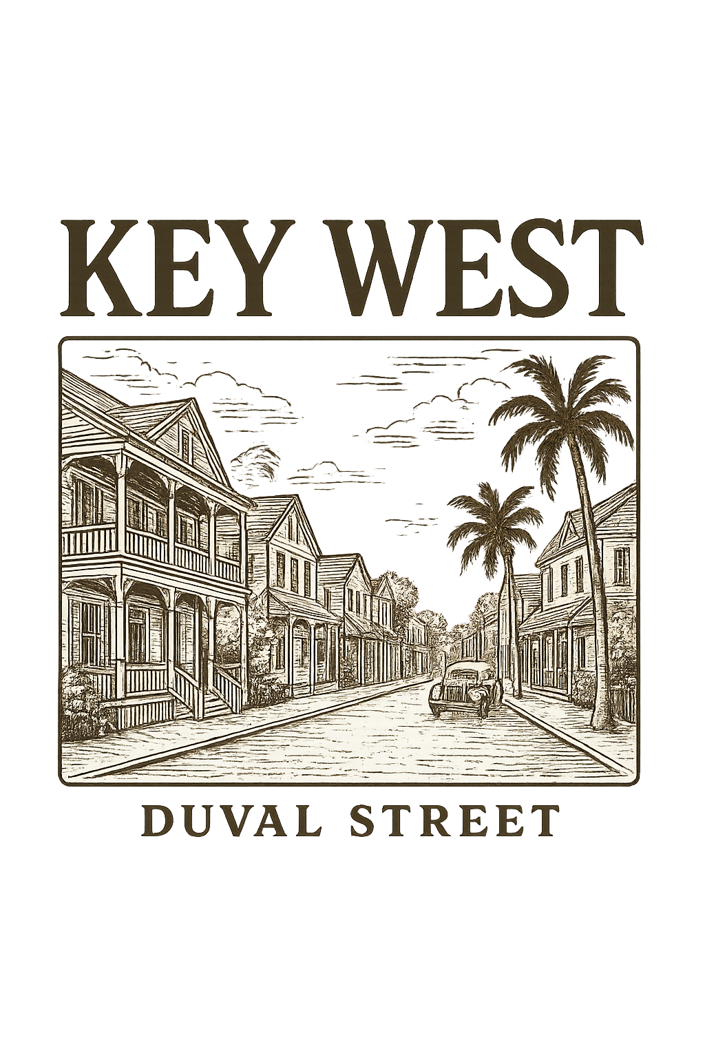 A typographic, nostalgic graphic of a typographic illustration of the words 'key west' with a vintage line art drawing of duval street – a t-shirt design