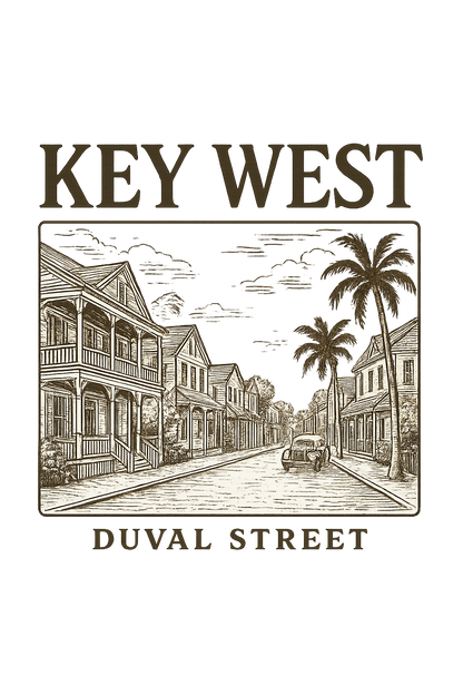 A typographic, nostalgic graphic of a typographic illustration of the words 'key west' with a vintage line art drawing of duval street – a t-shirt design
