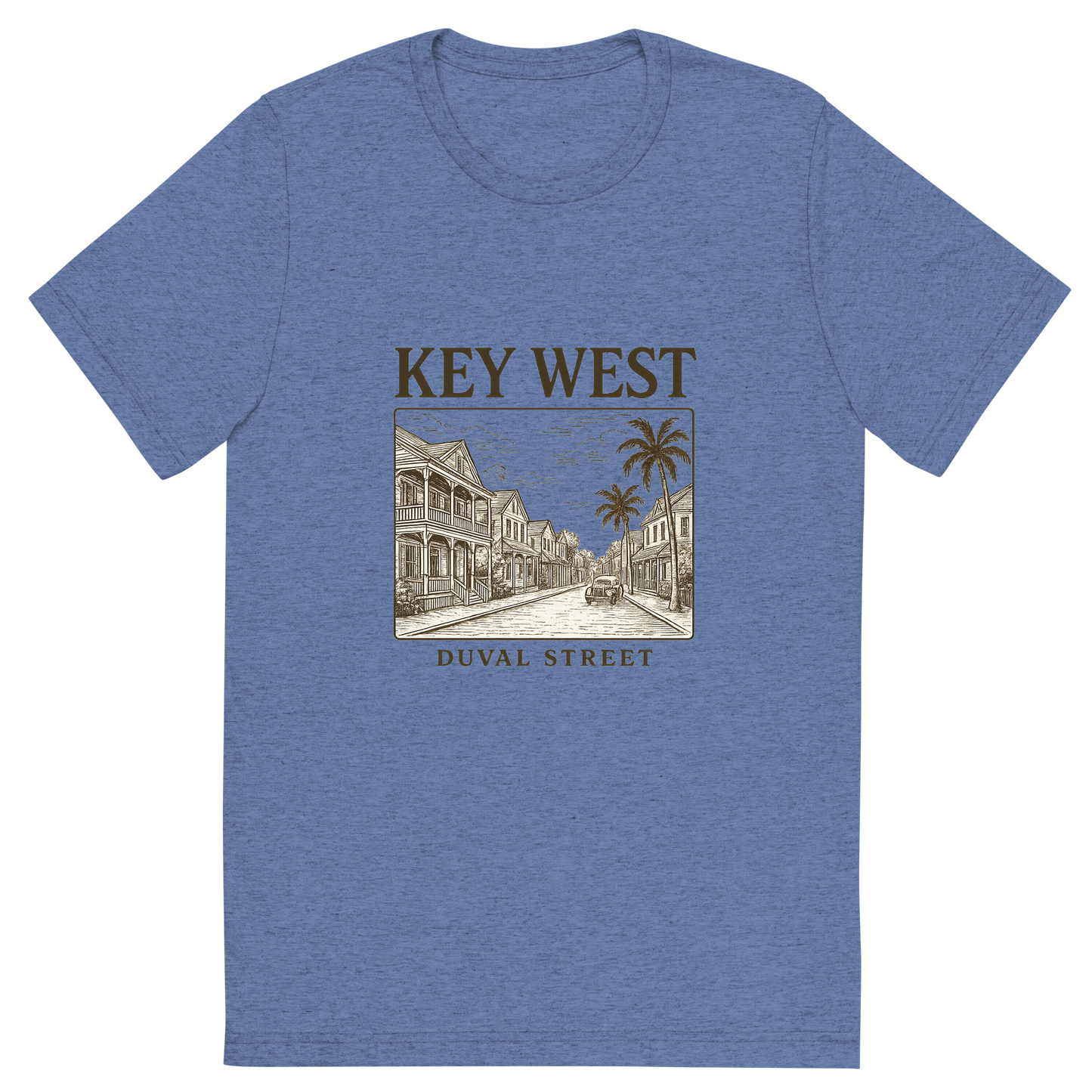 Front view of a Premium Tri-Blend Crew Neck T-Shirt in Blue showing 'A typographic, nostalgic graphic of a typographic illustration of the words 'key west' with a vintage line art drawing of duval street'
