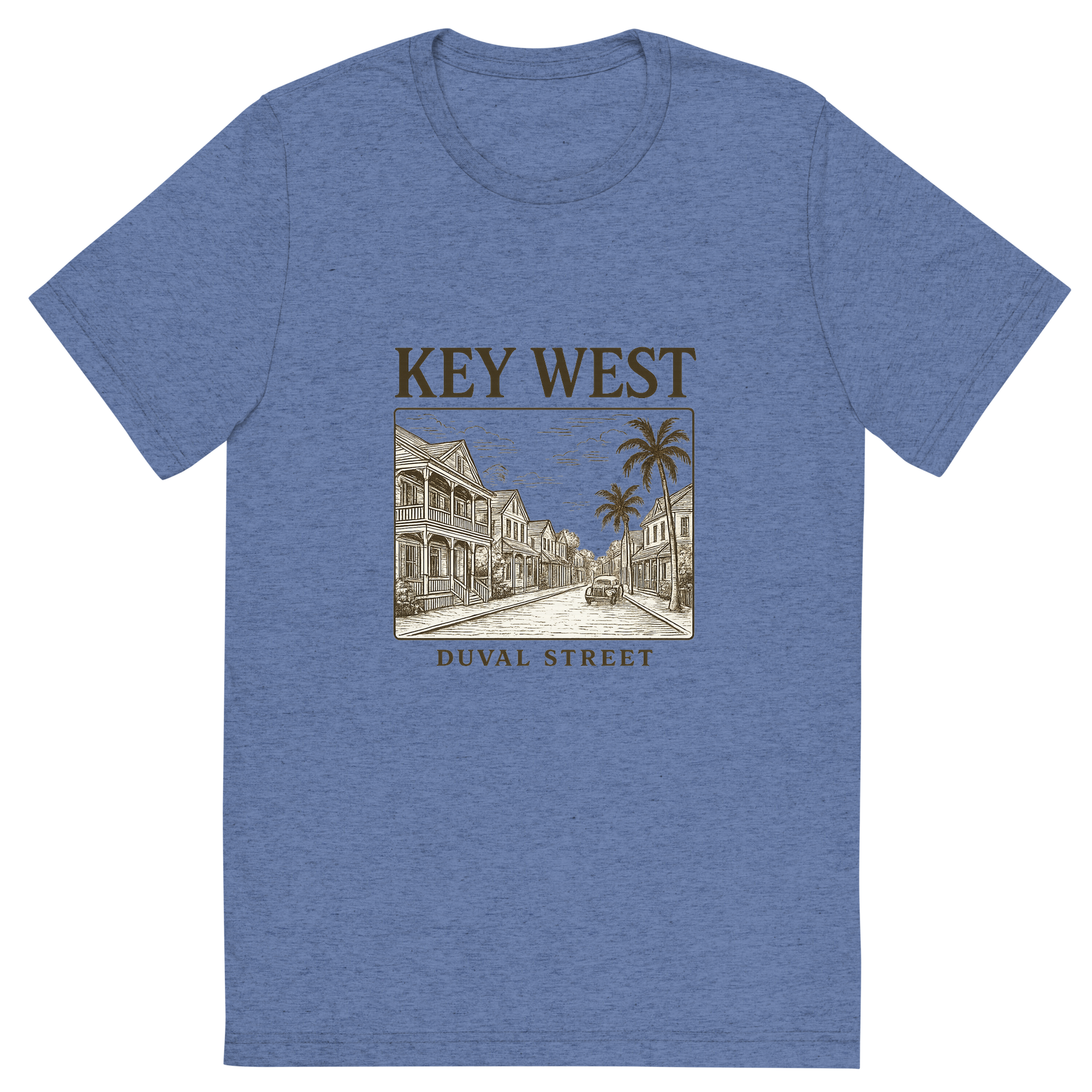 Front view of a Premium Tri-Blend Crew Neck T-Shirt in Blue showing 'A typographic, nostalgic graphic of a typographic illustration of the words 'key west' with a vintage line art drawing of duval street'
