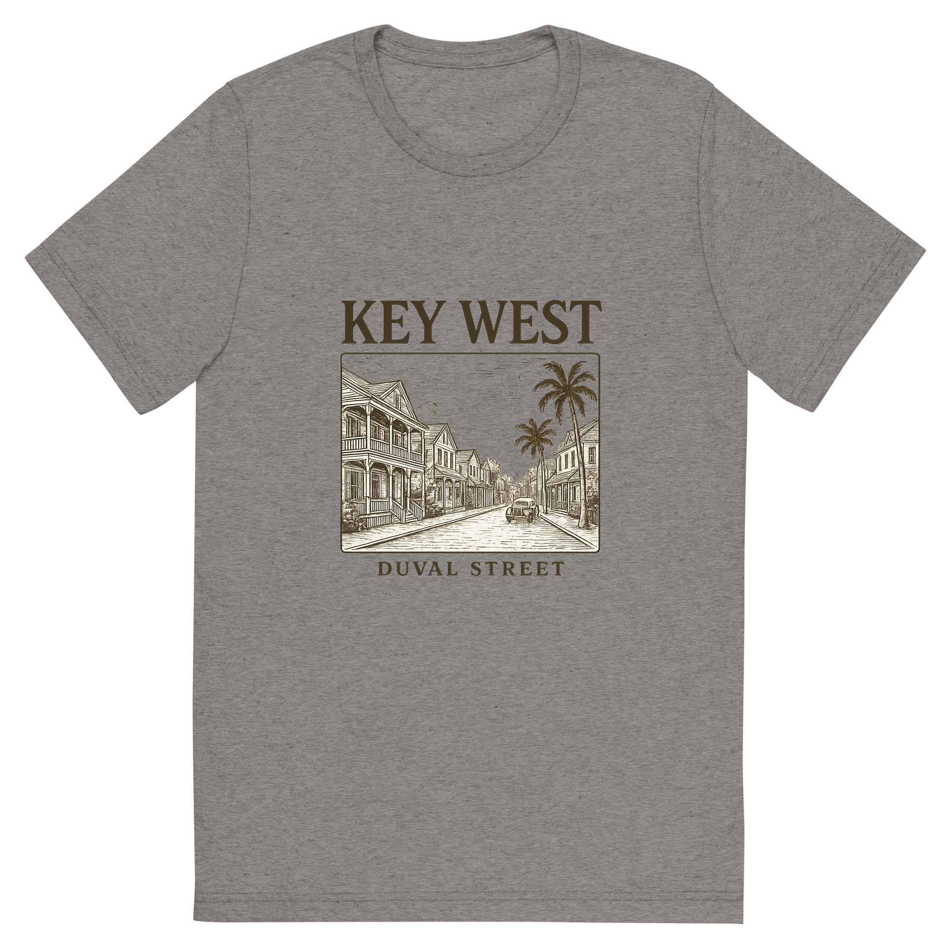 Front view of a Premium Tri-Blend Crew Neck T-Shirt in Grey showing 'A typographic, nostalgic graphic of a typographic illustration of the words 'key west' with a vintage line art drawing of duval street'