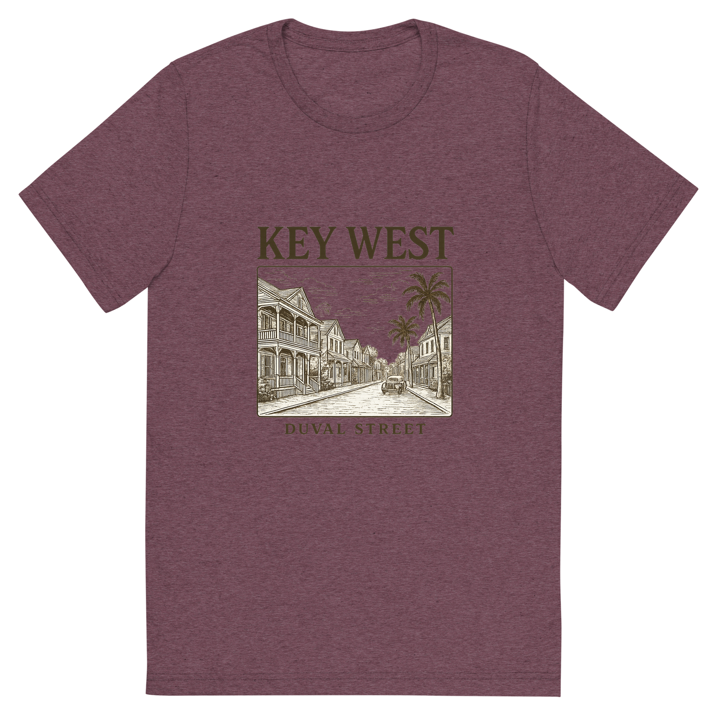 Front view of a Premium Tri-Blend Crew Neck T-Shirt in Maroon showing 'A typographic, nostalgic graphic of a typographic illustration of the words 'key west' with a vintage line art drawing of duval street'