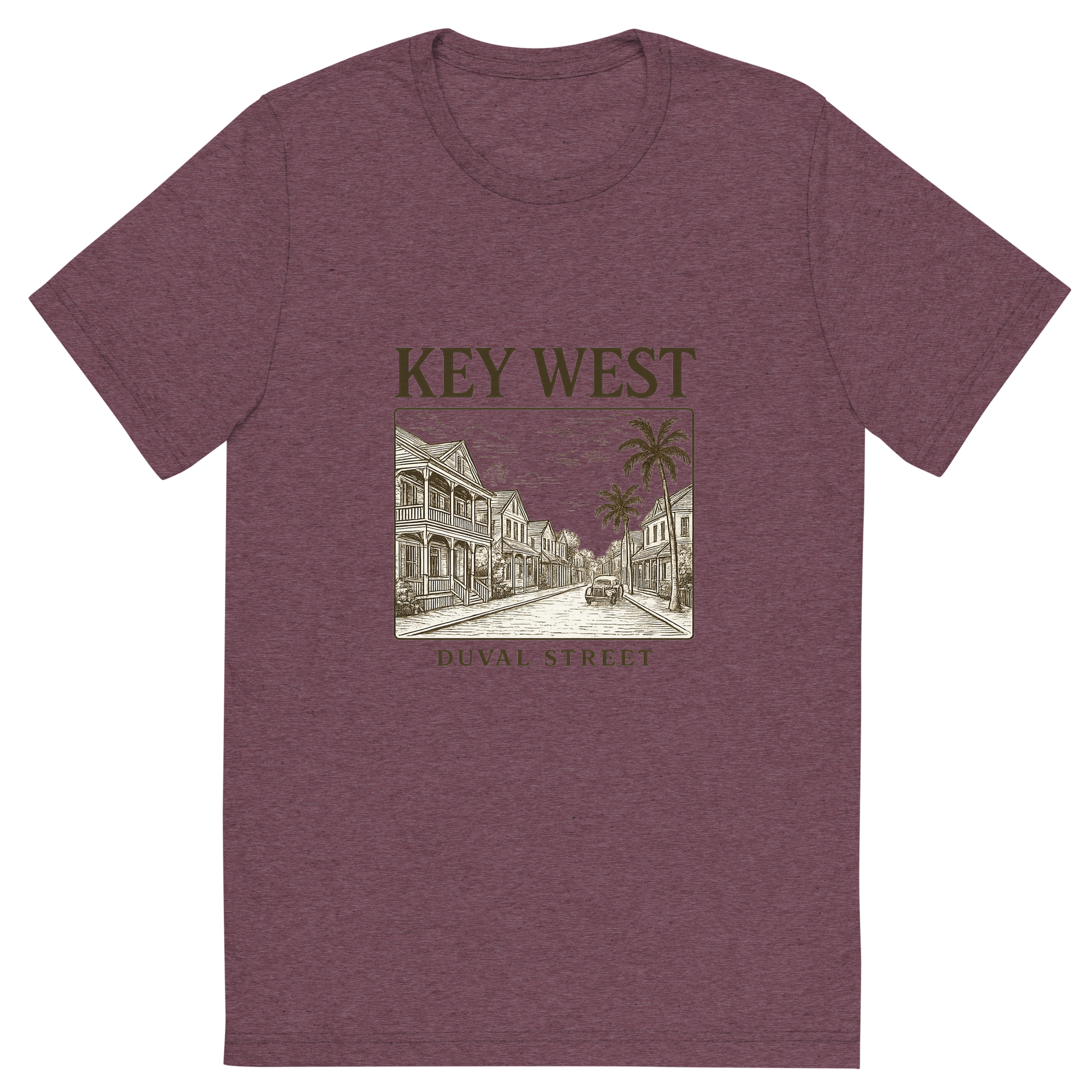 Front view of a Premium Tri-Blend Crew Neck T-Shirt in Maroon showing 'A typographic, nostalgic graphic of a typographic illustration of the words 'key west' with a vintage line art drawing of duval street'