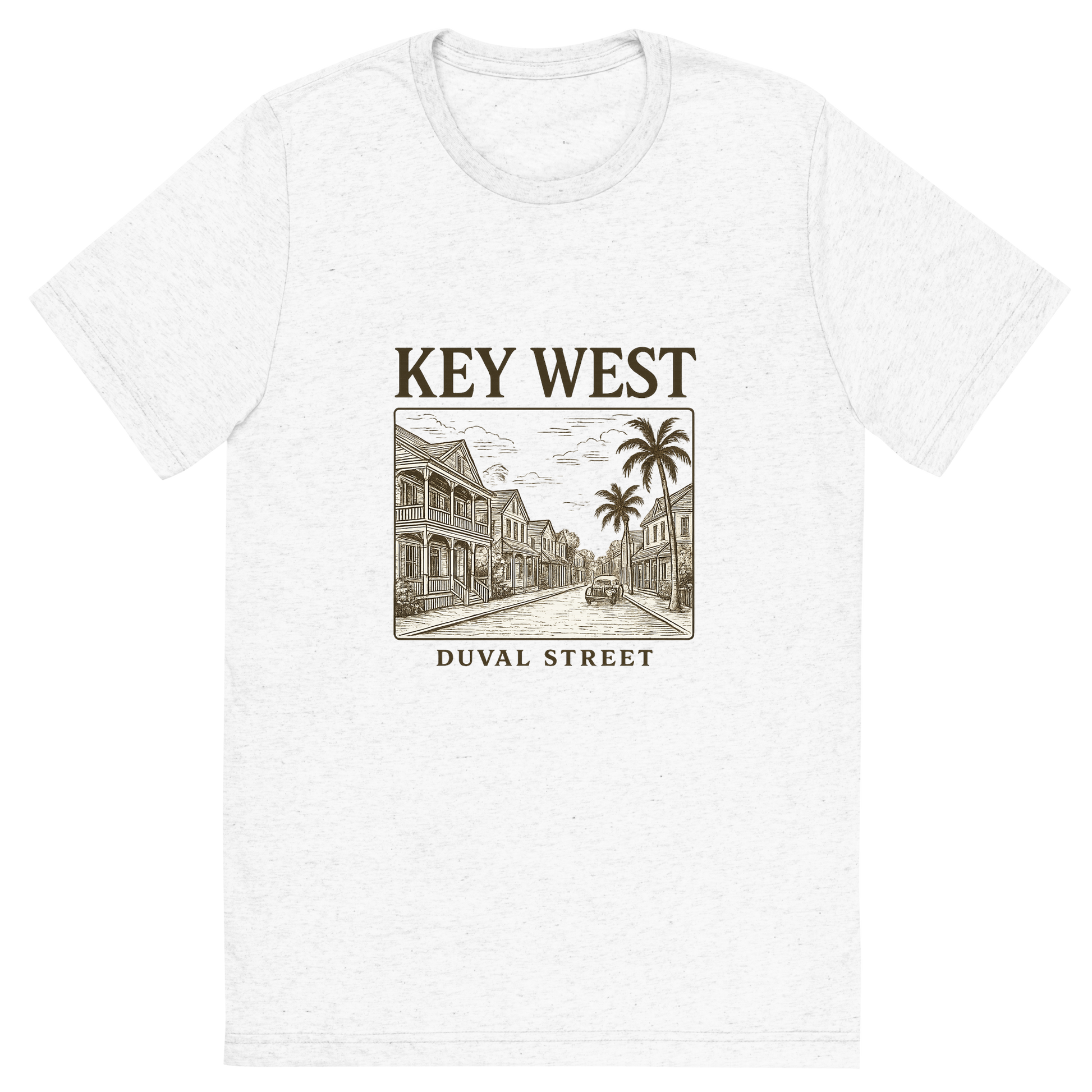 Front view of a Premium Tri-Blend Crew Neck T-Shirt in Solid White showing 'A typographic, nostalgic graphic of a typographic illustration of the words 'key west' with a vintage line art drawing of duval street'