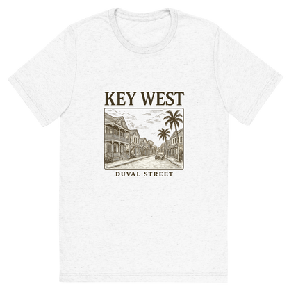 Front view of a Premium Tri-Blend Crew Neck T-Shirt in Solid White showing 'A typographic, nostalgic graphic of a typographic illustration of the words 'key west' with a vintage line art drawing of duval street'