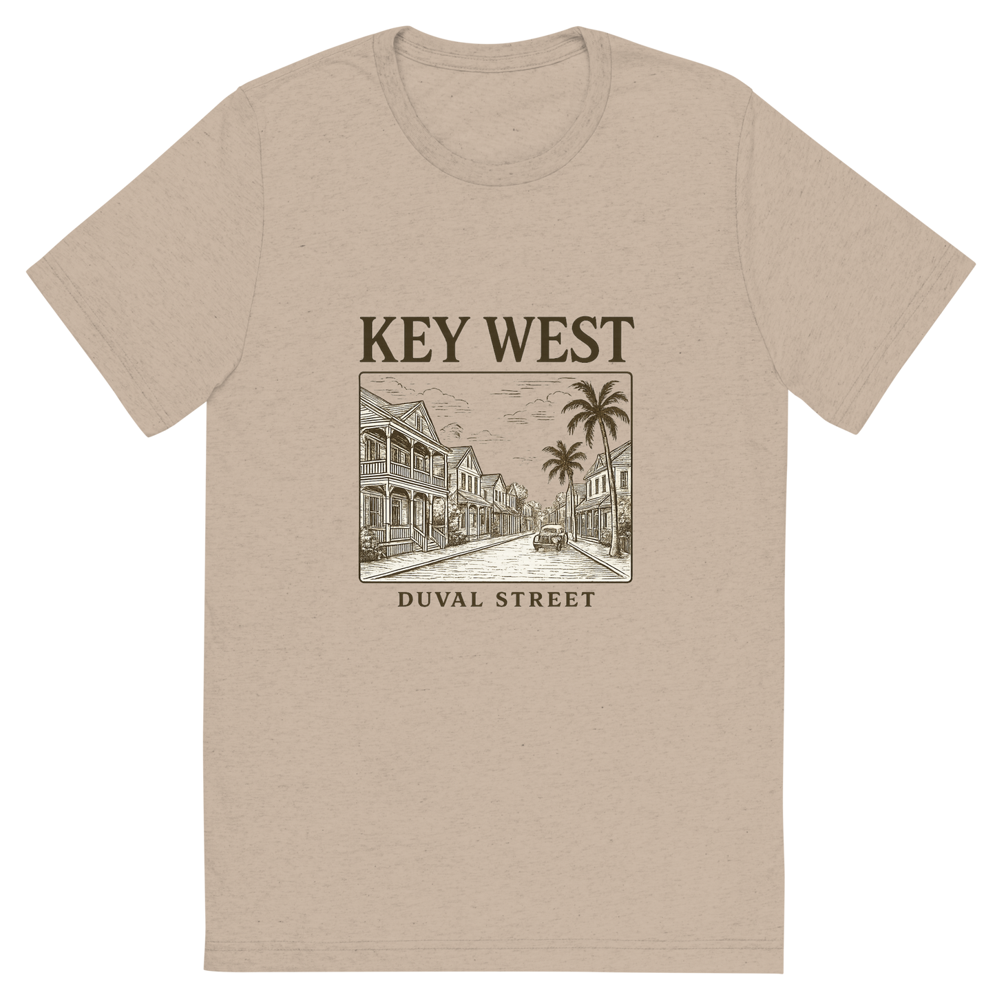 Front view of a Premium Tri-Blend Crew Neck T-Shirt in Tan showing 'A typographic, nostalgic graphic of a typographic illustration of the words 'key west' with a vintage line art drawing of duval street'