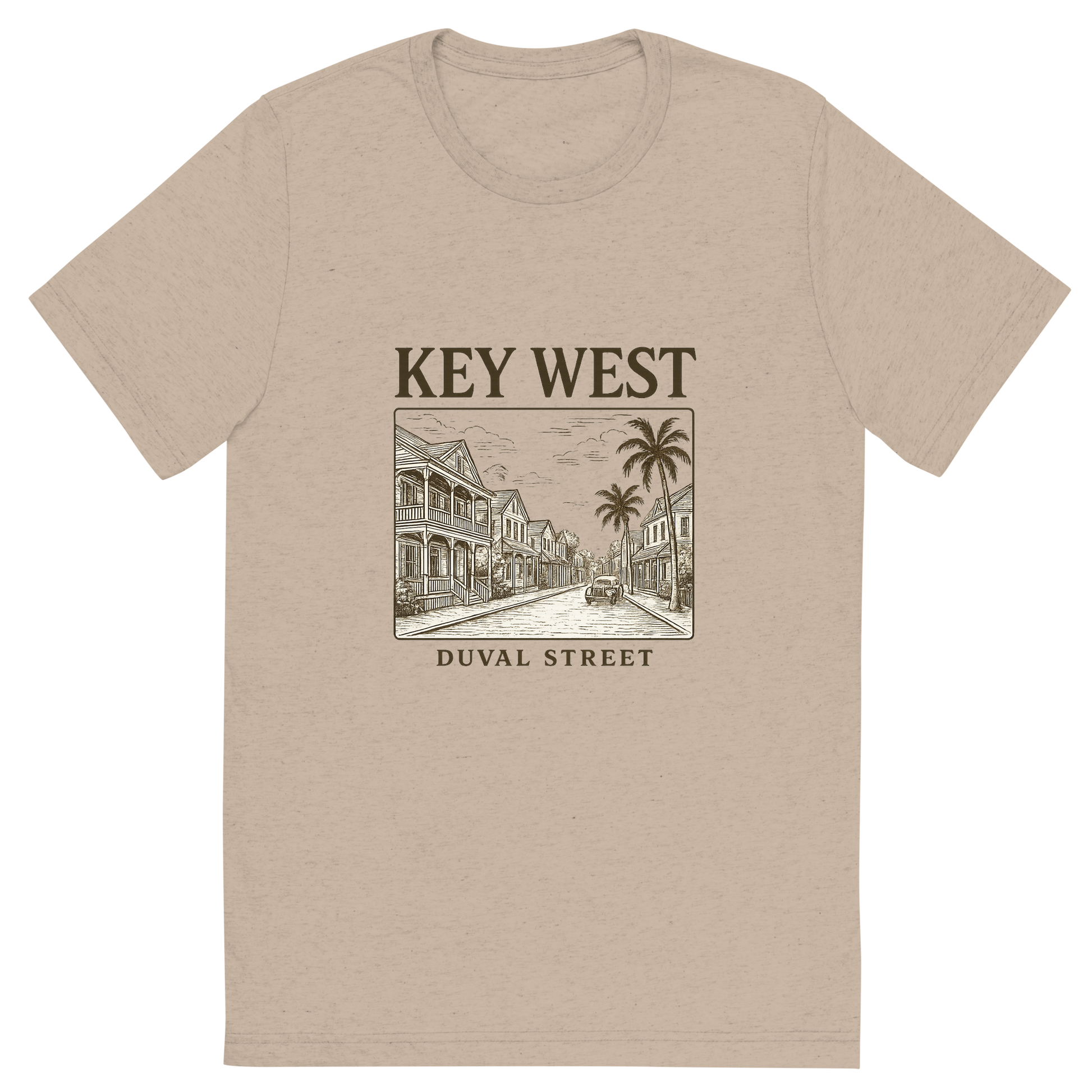 Front view of a Premium Tri-Blend Crew Neck T-Shirt in Tan showing 'A typographic, nostalgic graphic of a typographic illustration of the words 'key west' with a vintage line art drawing of duval street'