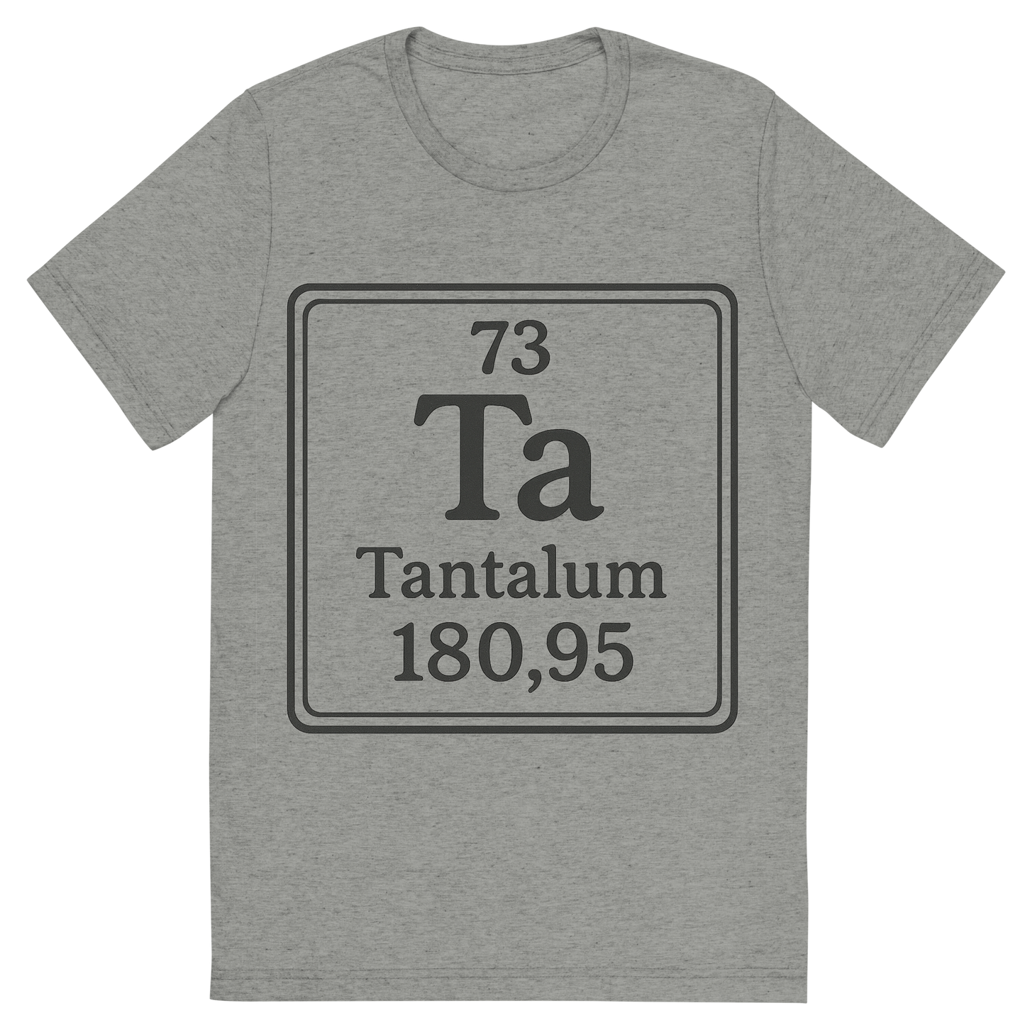 Front view of a Premium Tri-Blend Crew Neck T-Shirt in Athletic Grey showing 'A line art, nostalgic graphic of tantalum's entry on the periodic table, use a dark color for the lines and text'