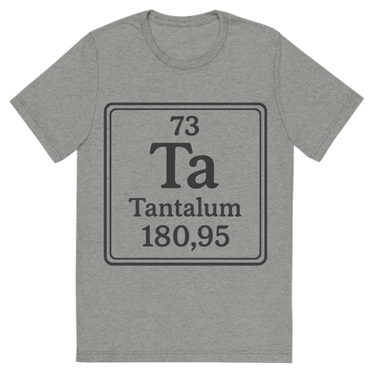 Front view of a Premium Tri-Blend Crew Neck T-Shirt in Athletic Grey showing 'A line art, nostalgic graphic of tantalum's entry on the periodic table, use a dark color for the lines and text'