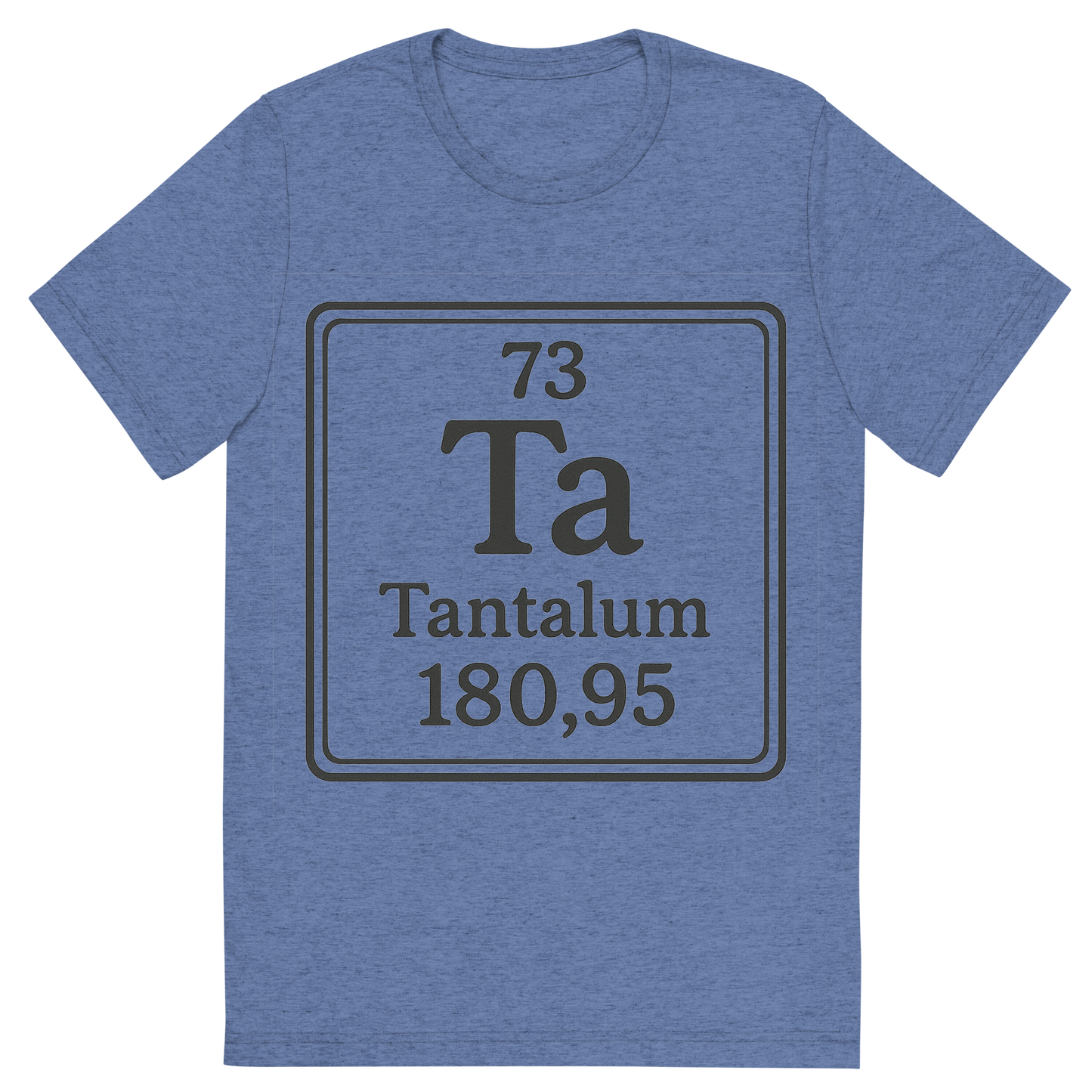 Front view of a Premium Tri-Blend Crew Neck T-Shirt in Blue showing 'A line art, nostalgic graphic of tantalum's entry on the periodic table, use a dark color for the lines and text'