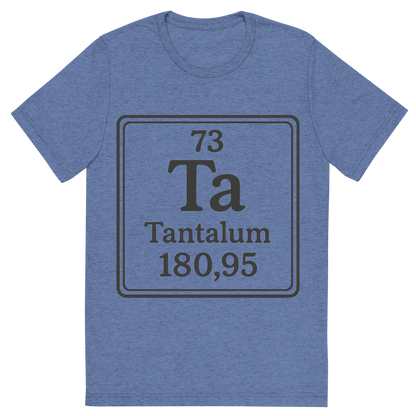 Front view of a Premium Tri-Blend Crew Neck T-Shirt in Blue showing 'A line art, nostalgic graphic of tantalum's entry on the periodic table, use a dark color for the lines and text'