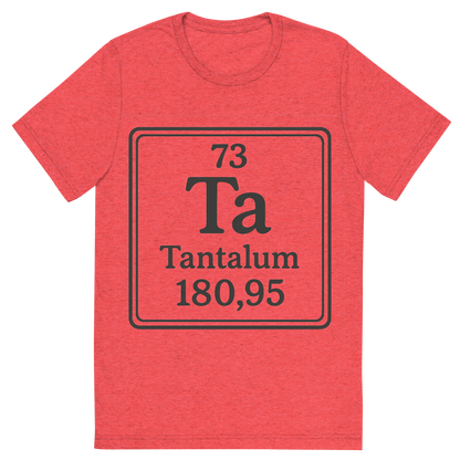 Front view of a Premium Tri-Blend Crew Neck T-Shirt in Red showing 'A line art, nostalgic graphic of tantalum's entry on the periodic table, use a dark color for the lines and text'