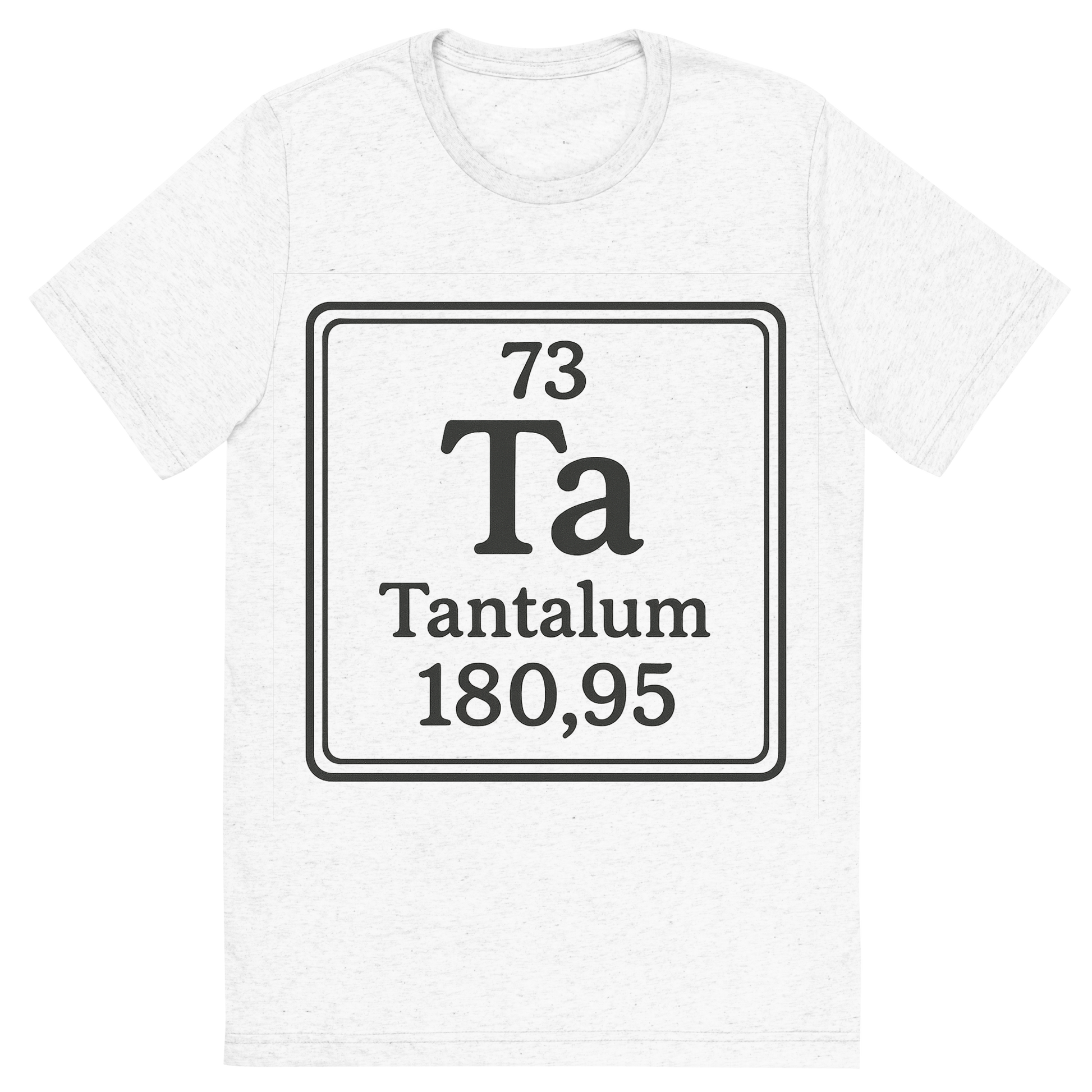 Front view of a Premium Tri-Blend Crew Neck T-Shirt in Solid White showing 'A line art, nostalgic graphic of tantalum's entry on the periodic table, use a dark color for the lines and text'