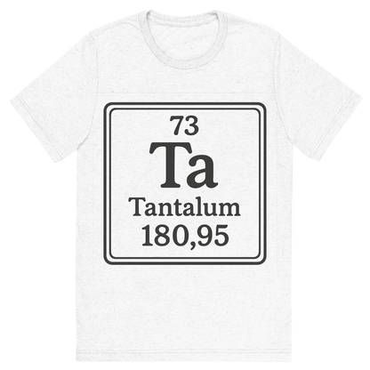 Front view of a Premium Tri-Blend Crew Neck T-Shirt in Solid White showing 'A line art, nostalgic graphic of tantalum's entry on the periodic table, use a dark color for the lines and text'