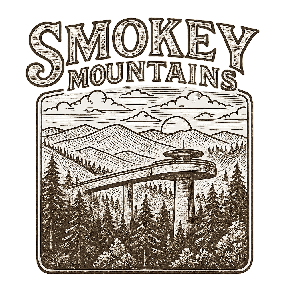 A typographic, nostalgic graphic of a typographic illustration of the words 'smokey mountains' with a vintage line art drawing of clingmans dome – a t-shirt design